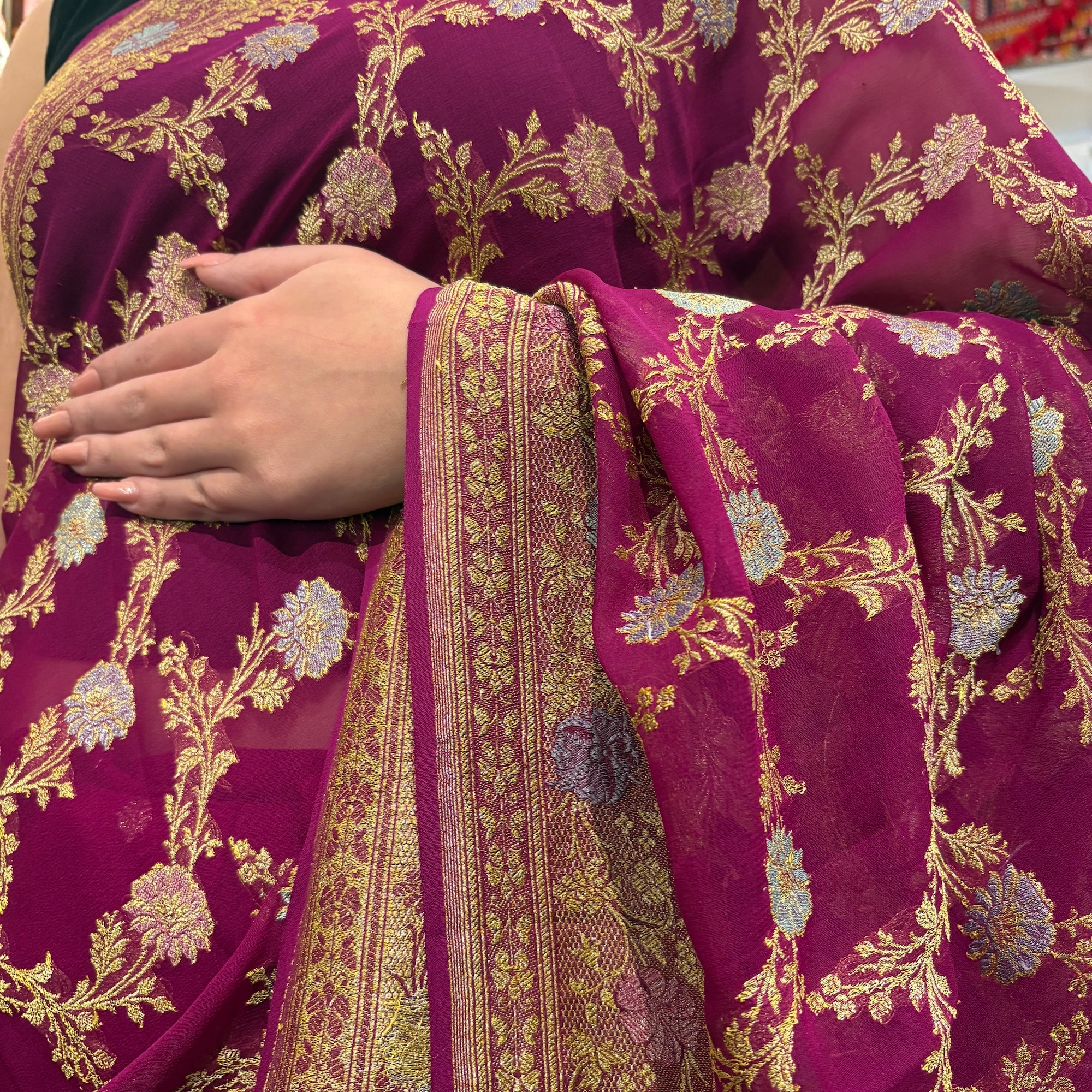 Magenta Silk Georgette Banarasi Saree - Vintage India NYC