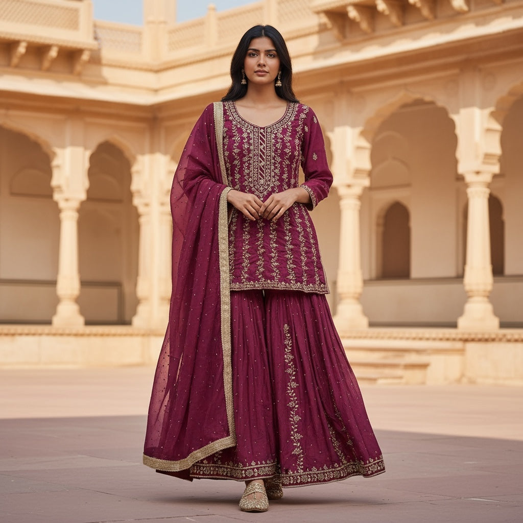 Plum Gharara Set w/ Stone & Beadwork