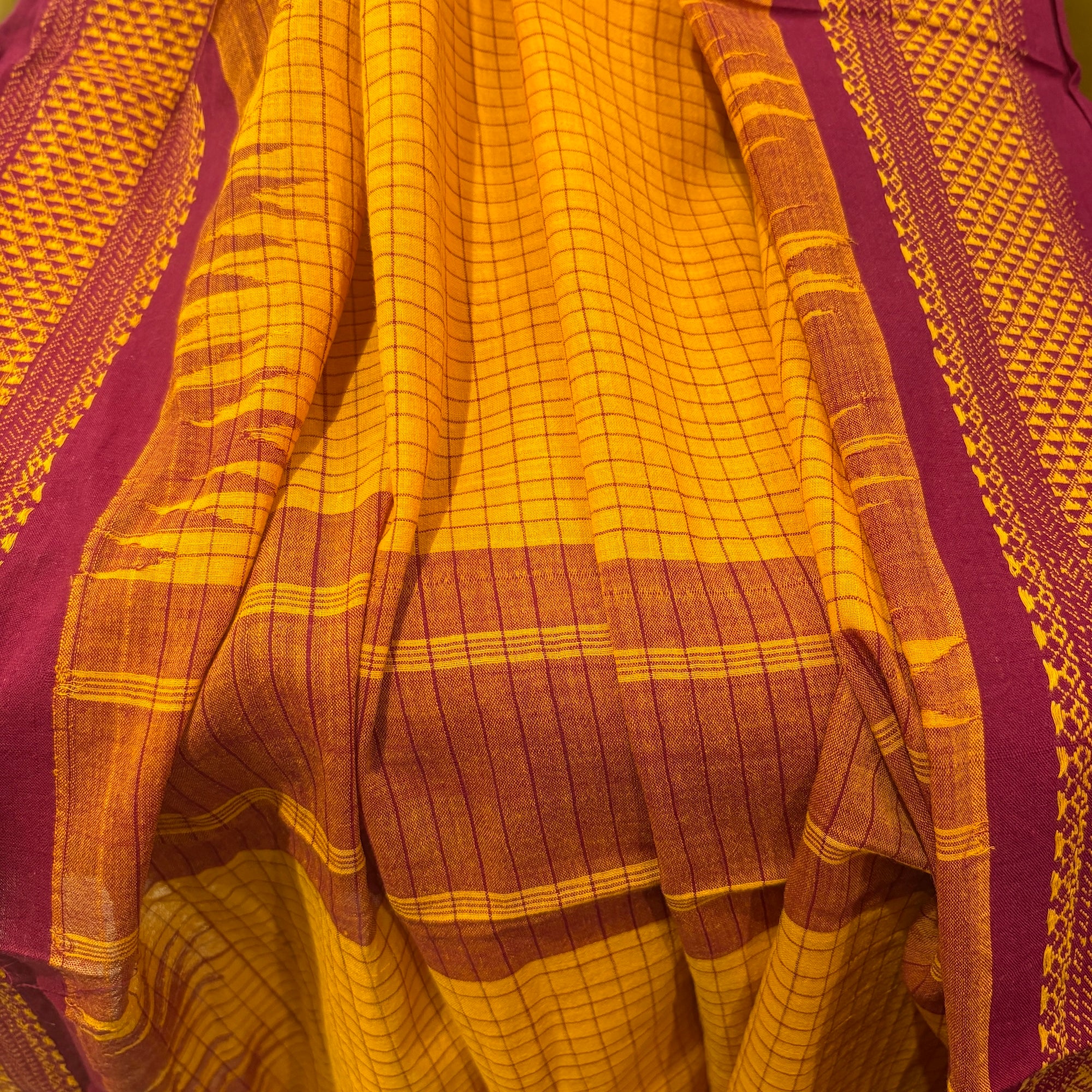 Mango & Maroon Handwoven Kanchi Cotton Dupatta - Vintage India NYC
