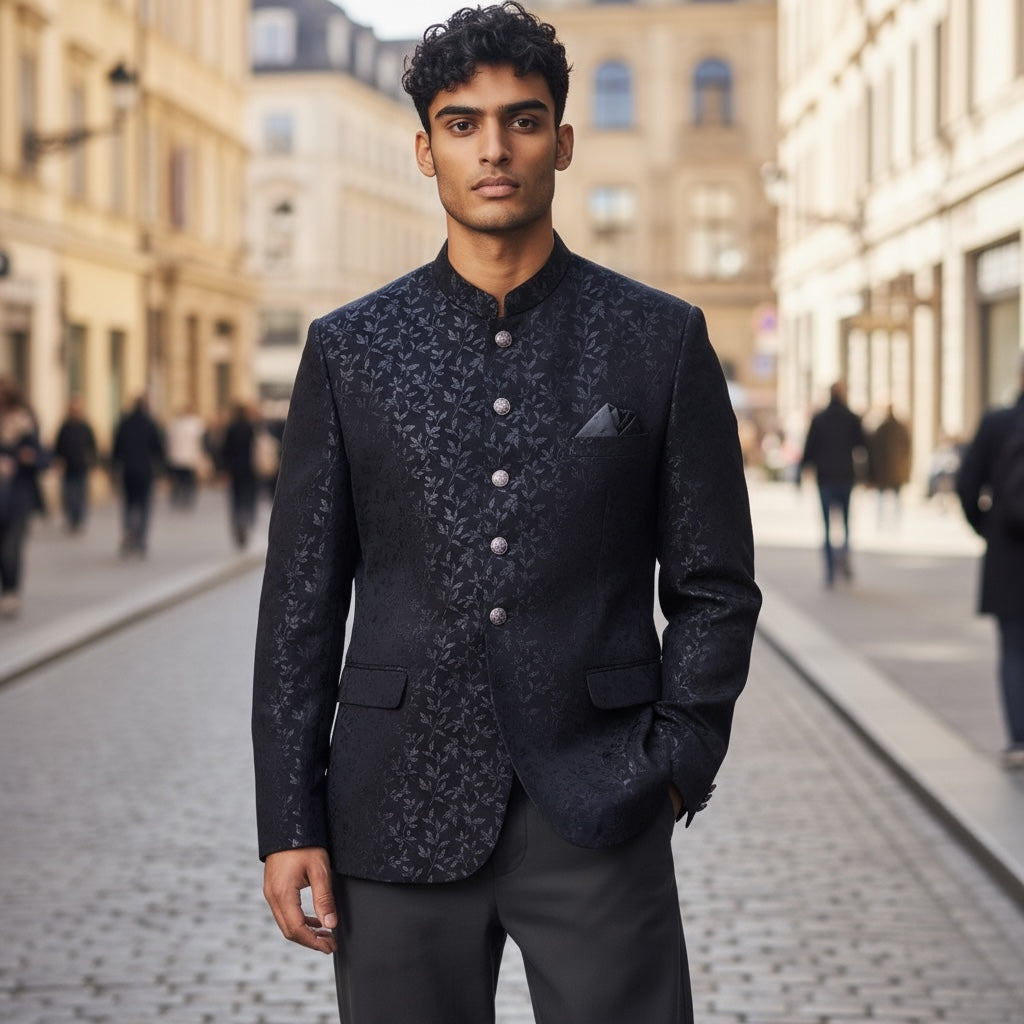 YD Midnight Blue Leaf Jodhpuri Jacket-Big & Tall