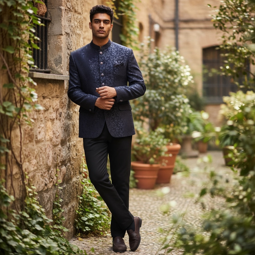 YD Midnight Blue Leaf Jodhpuri Jacket-Big & Tall