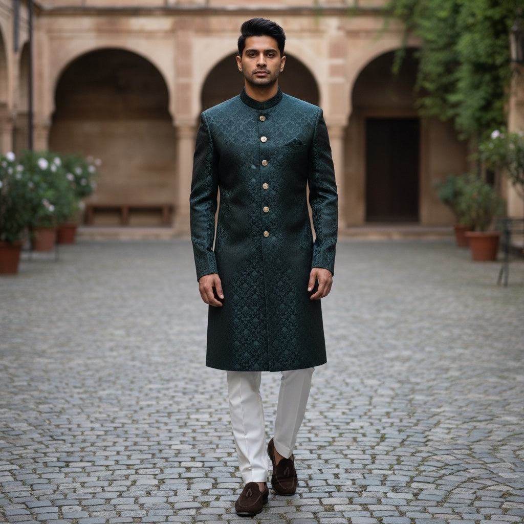 Midnight Teal Jacquard Sherwani