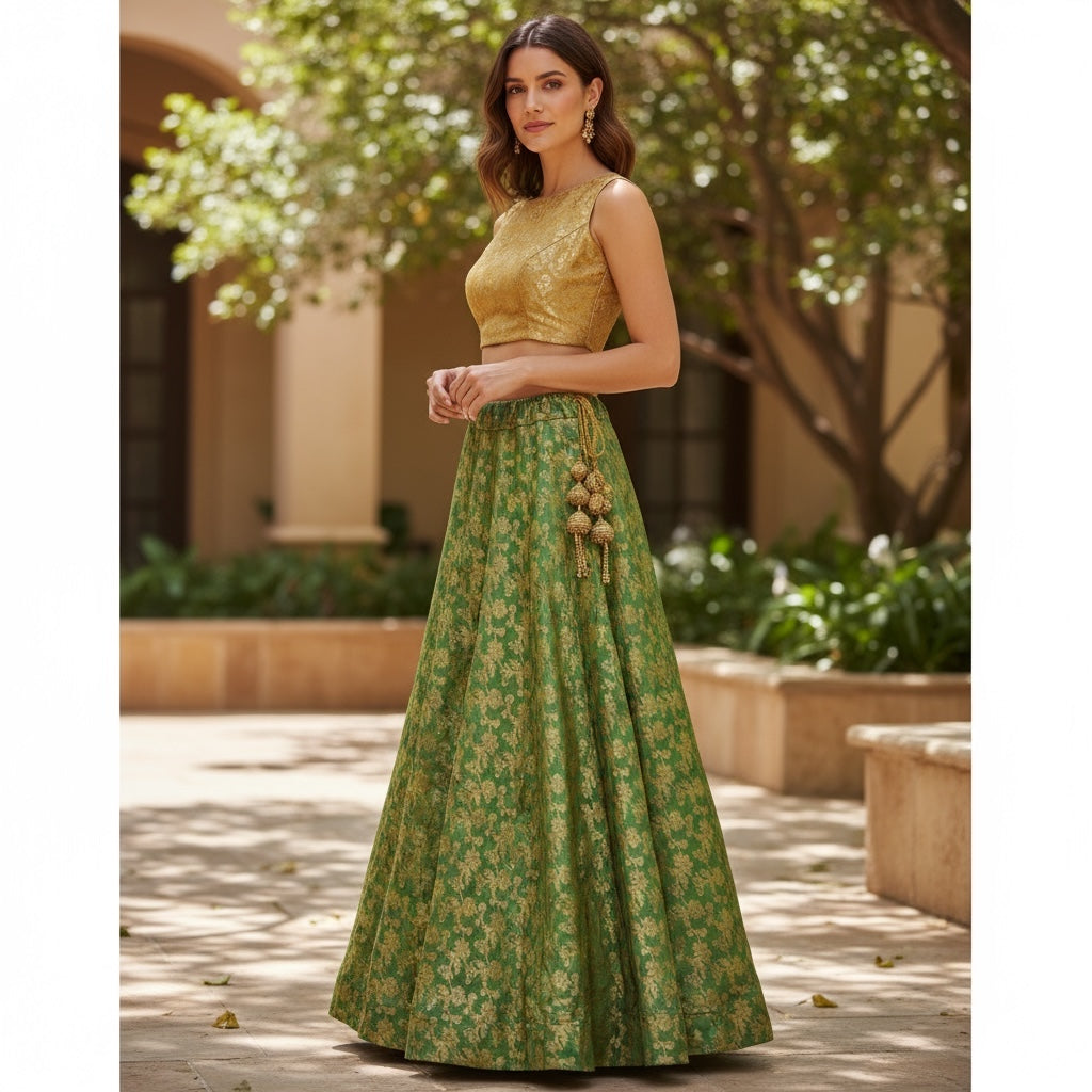 Brocade Paisley Flower Lehengas - Extra Long - Vintage India NYC