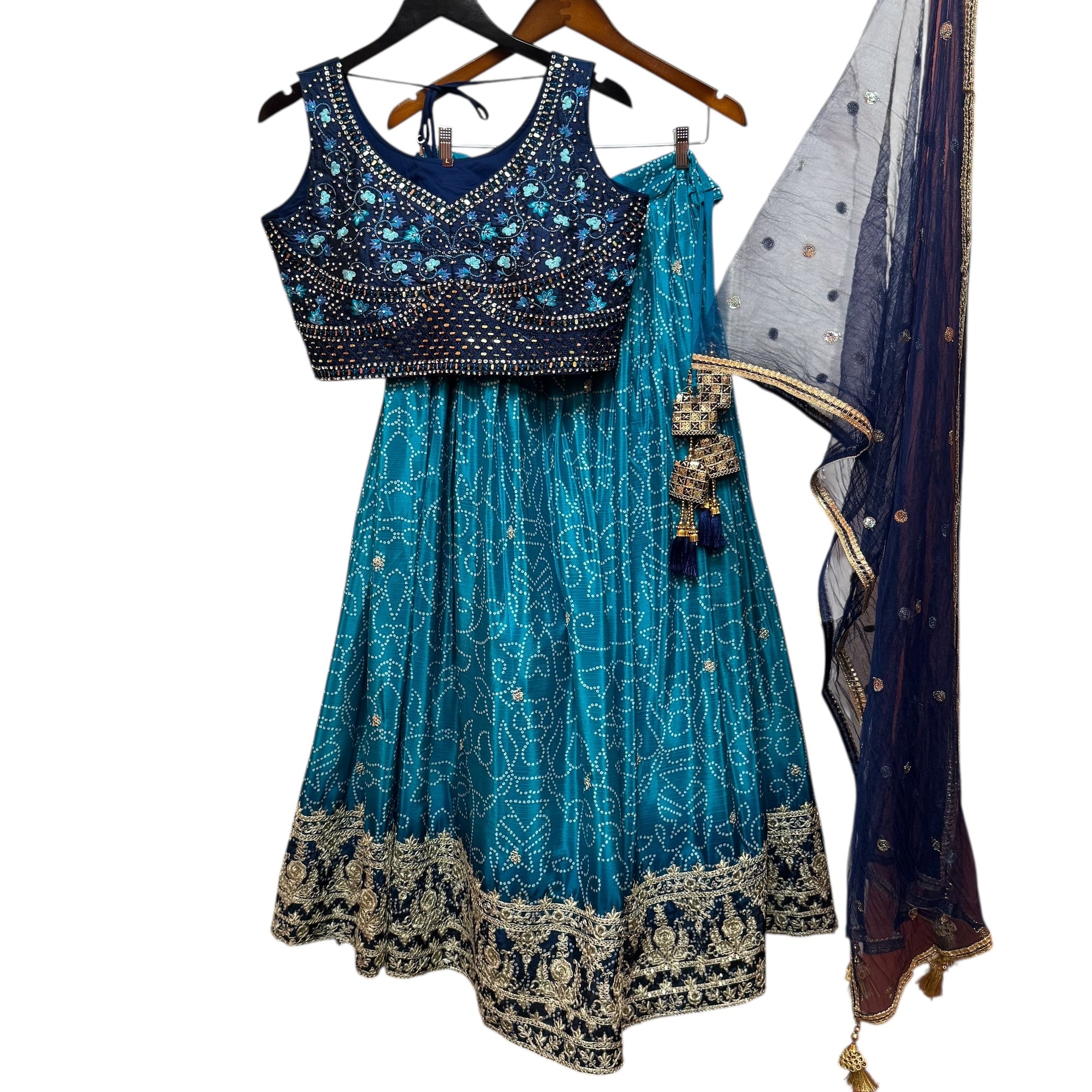 Turquoise Navy Mirror Bandhani Lehenga Set