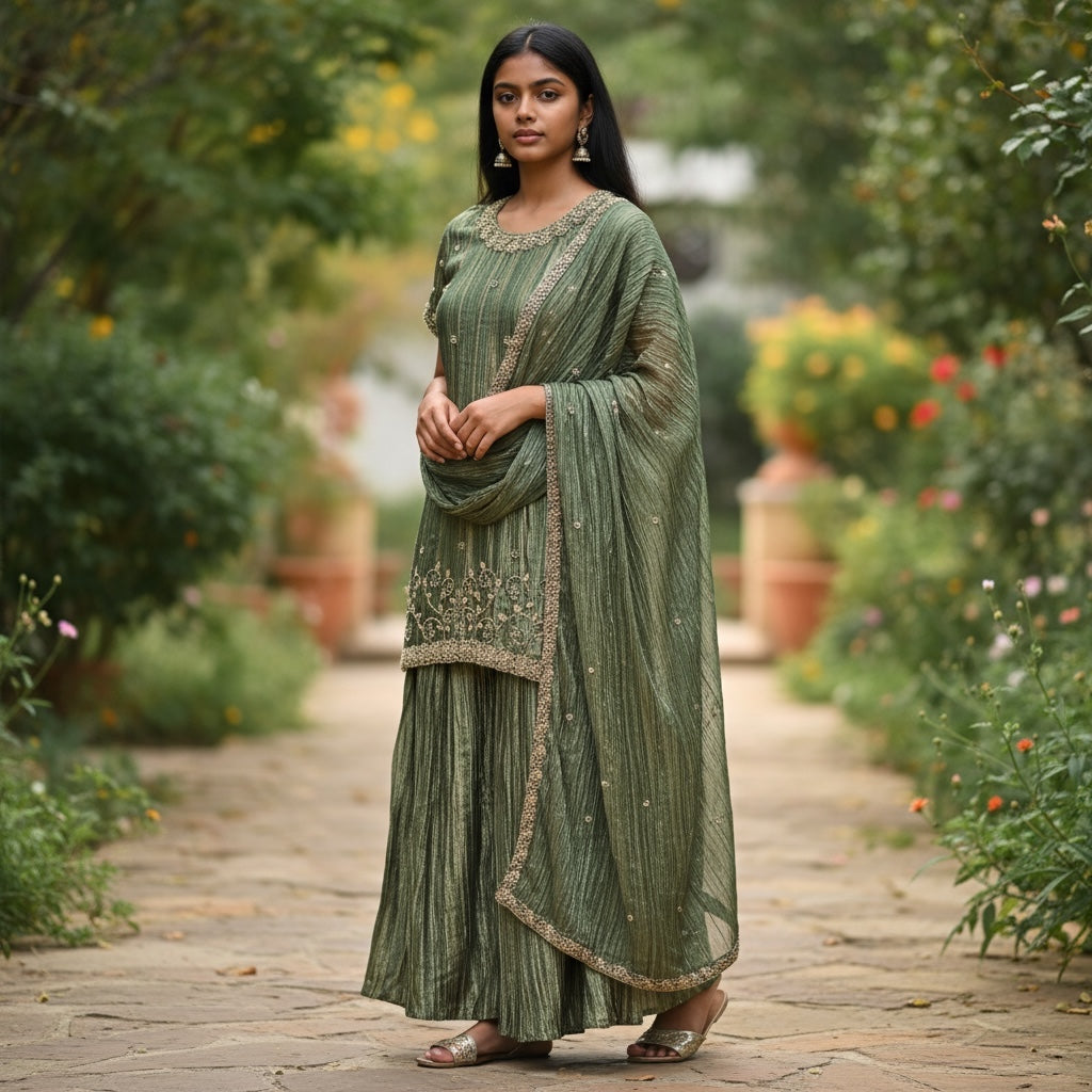 Green Silk Metallic Tissue Gharara Set-Size 38
