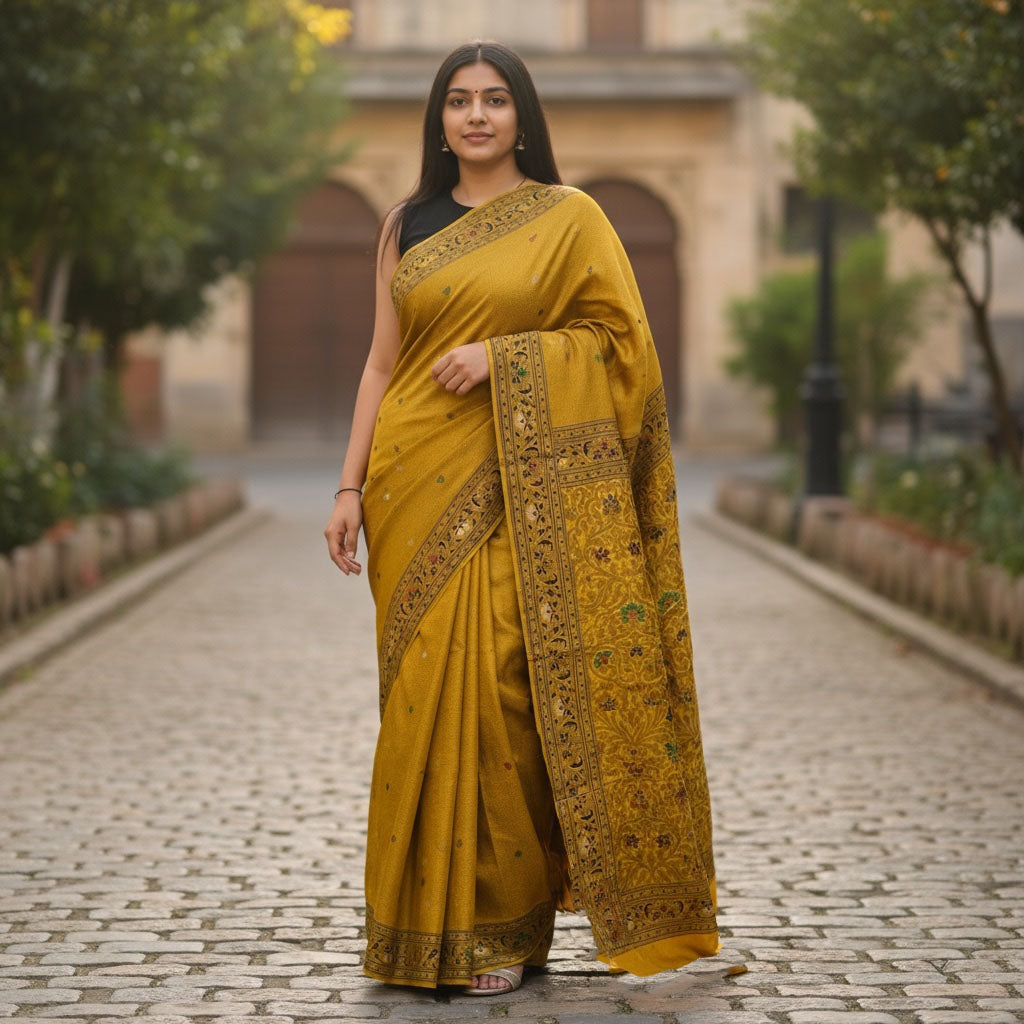 Mustard Silk Banarasi Saree - Vintage India NYC