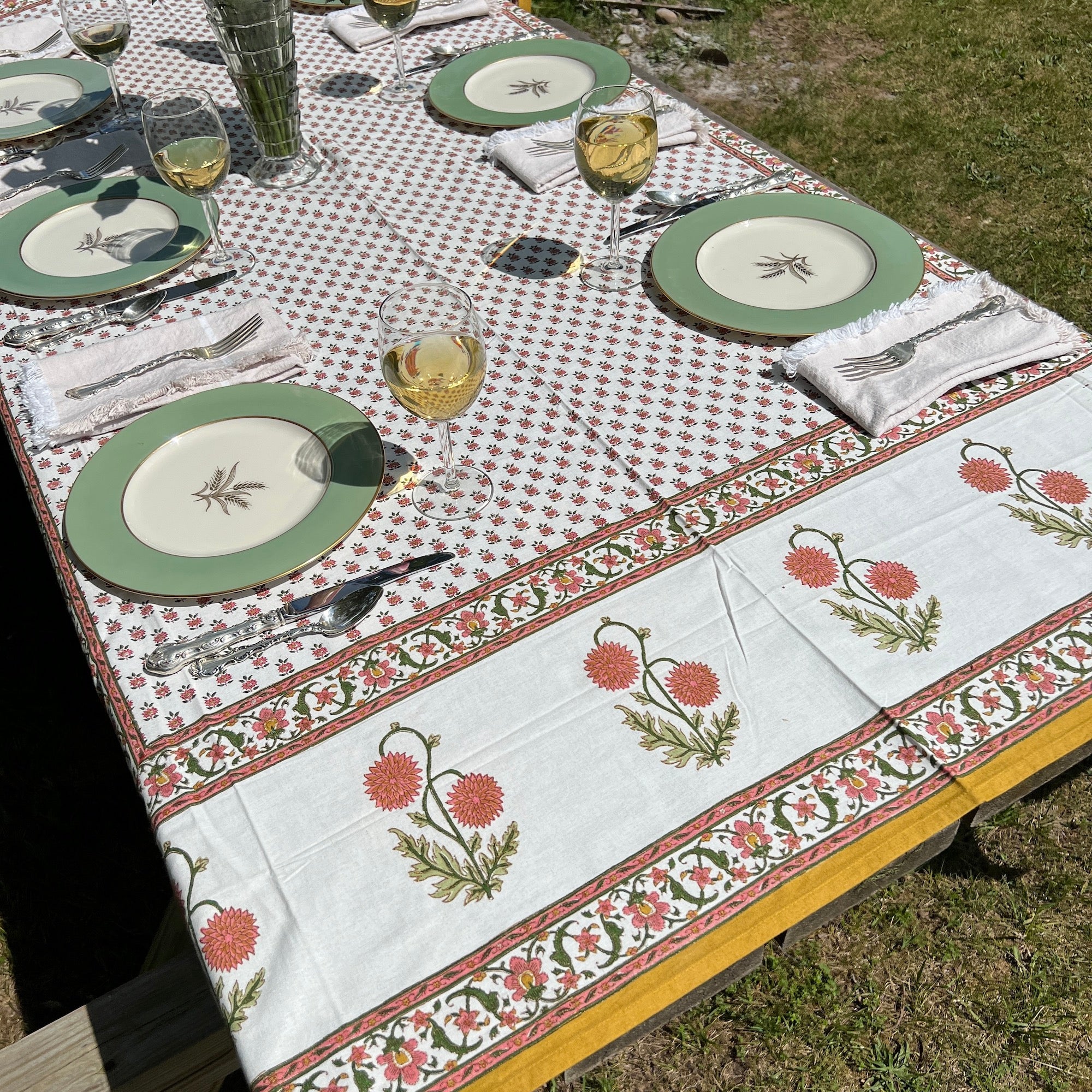 Provencal Style Block Print Tablecloth 60 X 90- 2 Colors - Vintage India NYC