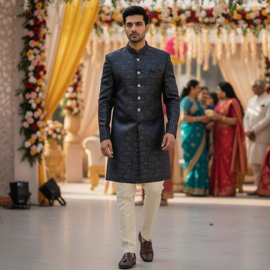 Mughal Square Jacquard Sherwani-Navy - Vintage India NYC