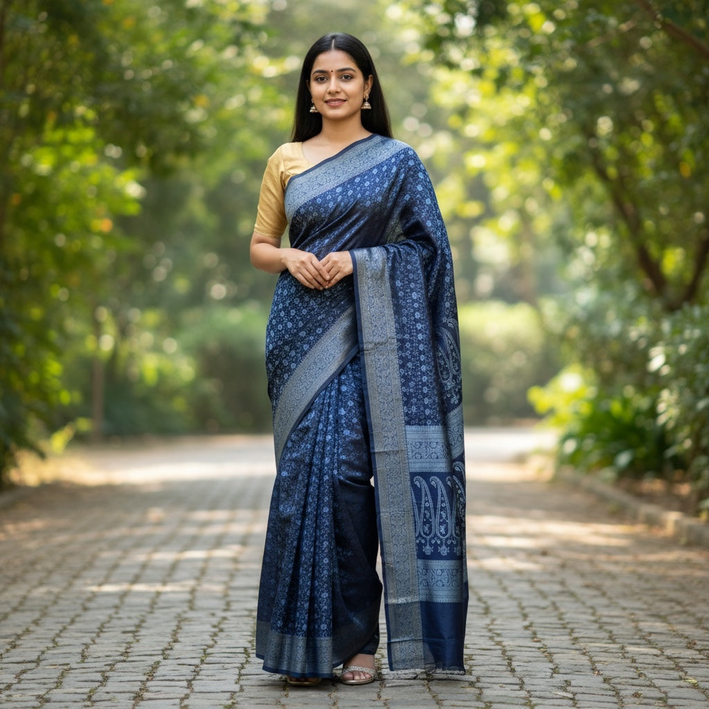 Navy & Ocean Silk Banarasi Saree - Vintage India NYC