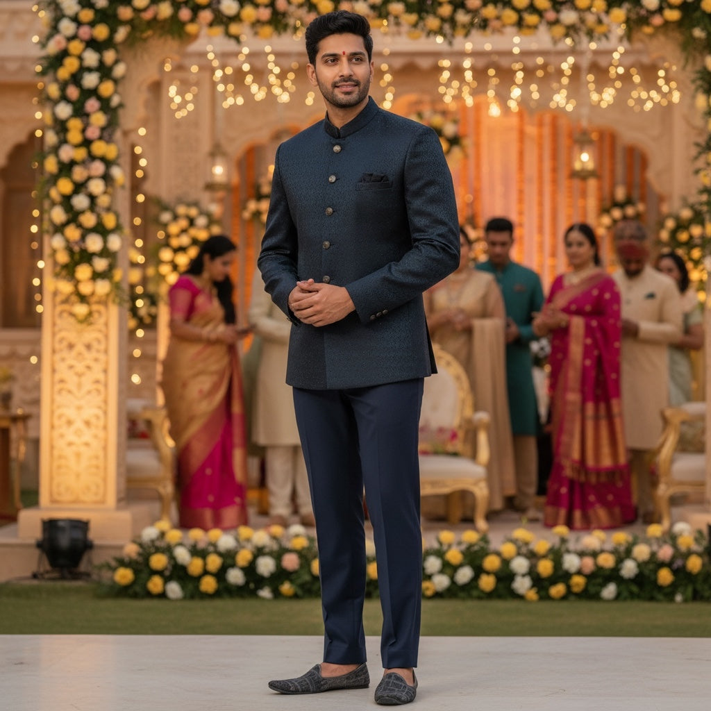 Navy Brushstroke Jodhpuri Jacket