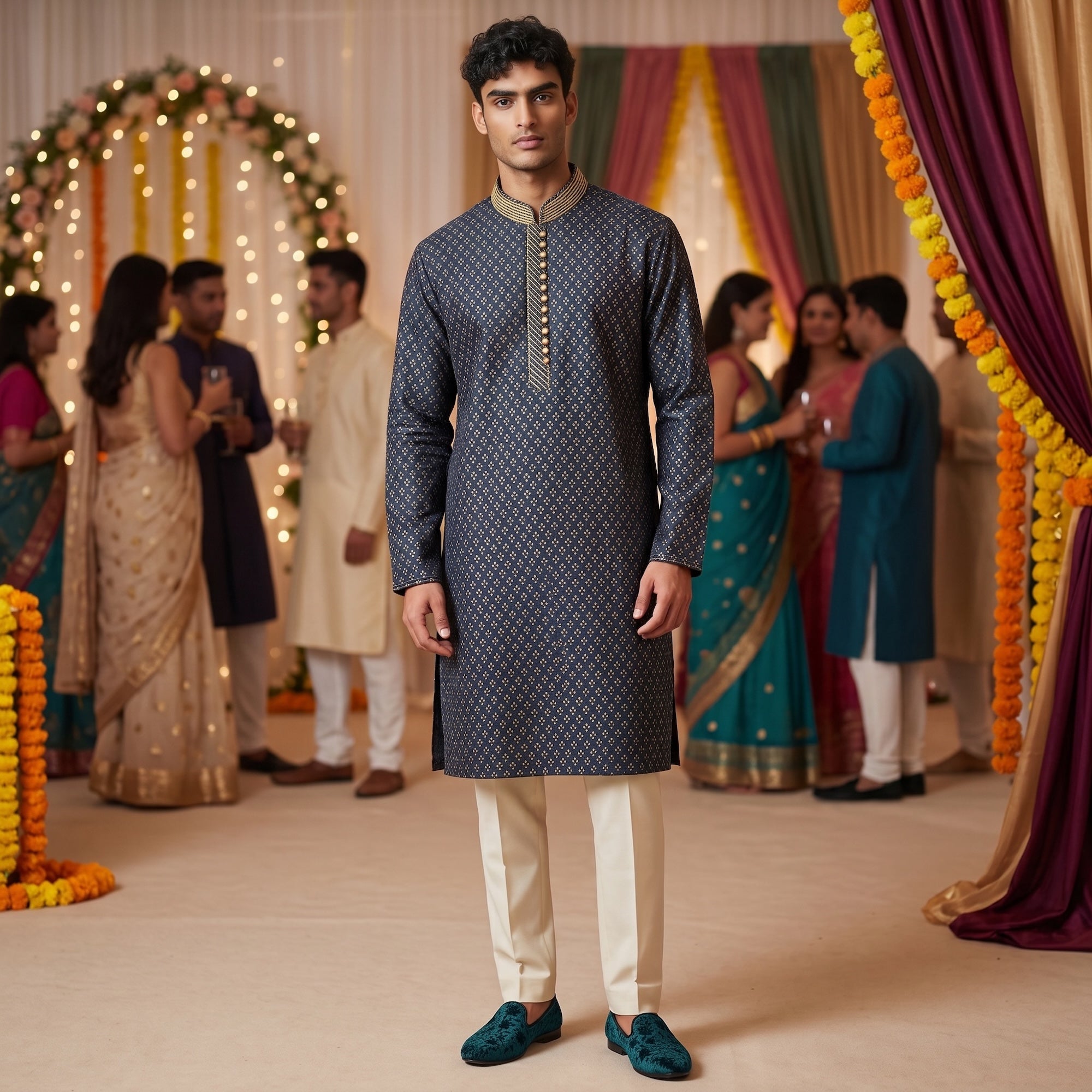 Navy Diamond Dot Brocade Kurta - Vintage India NYC