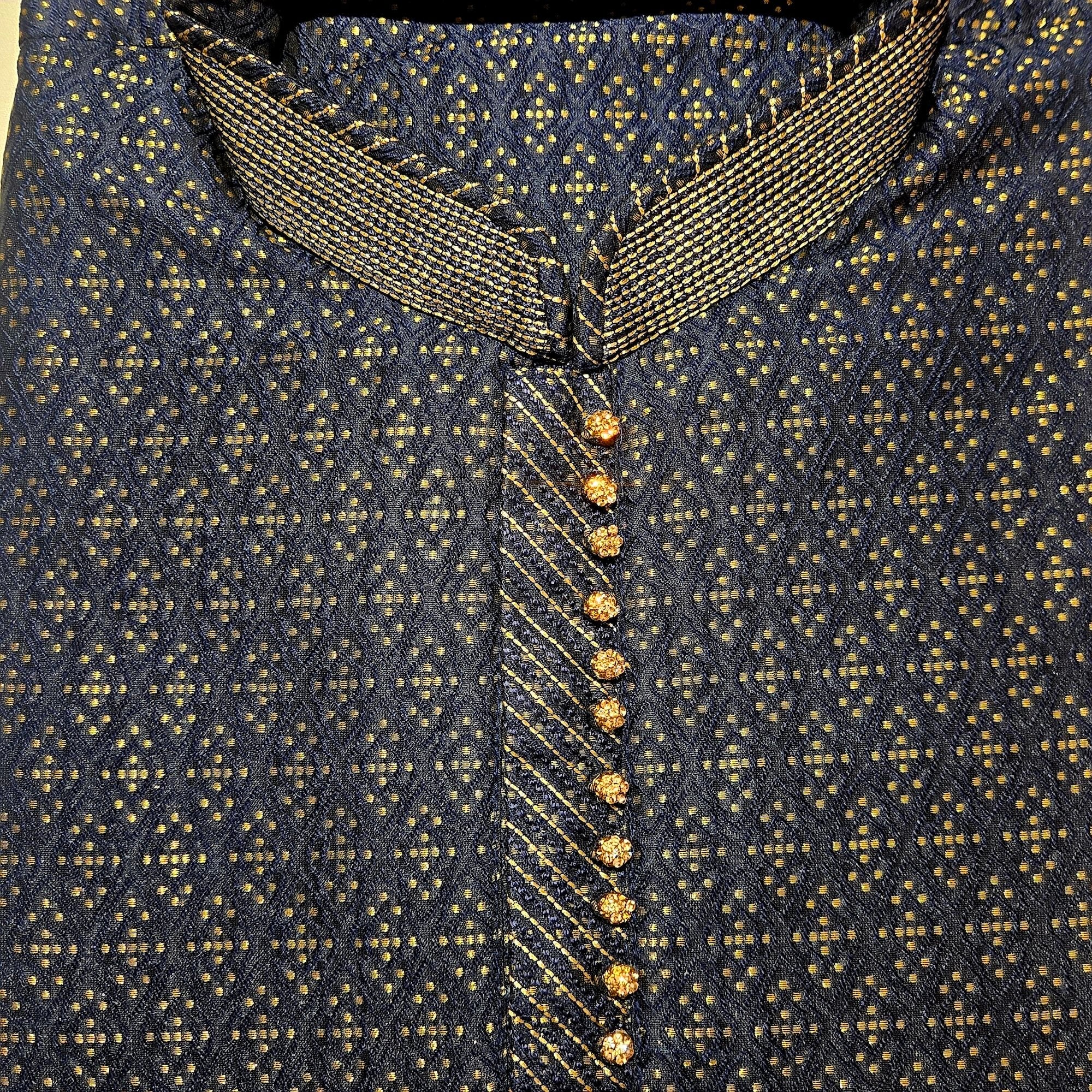 Navy Diamond Dot Brocade Kurta - Vintage India NYC