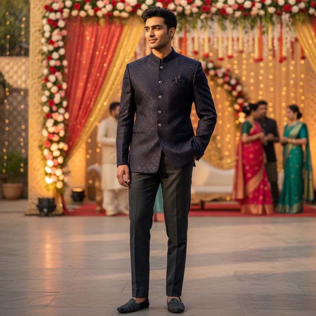 Navy Diamond Motif Jodhpuri Jacket