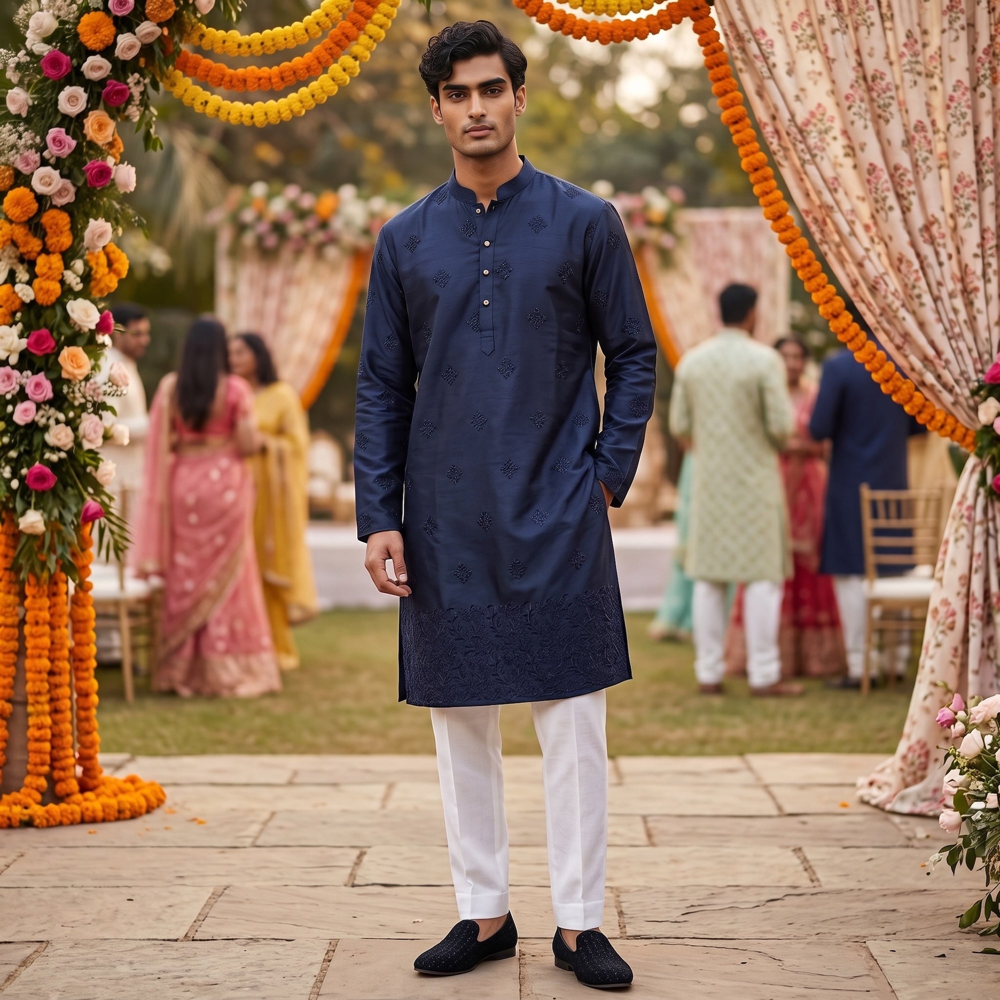Navy Silk Embroidered Kurta