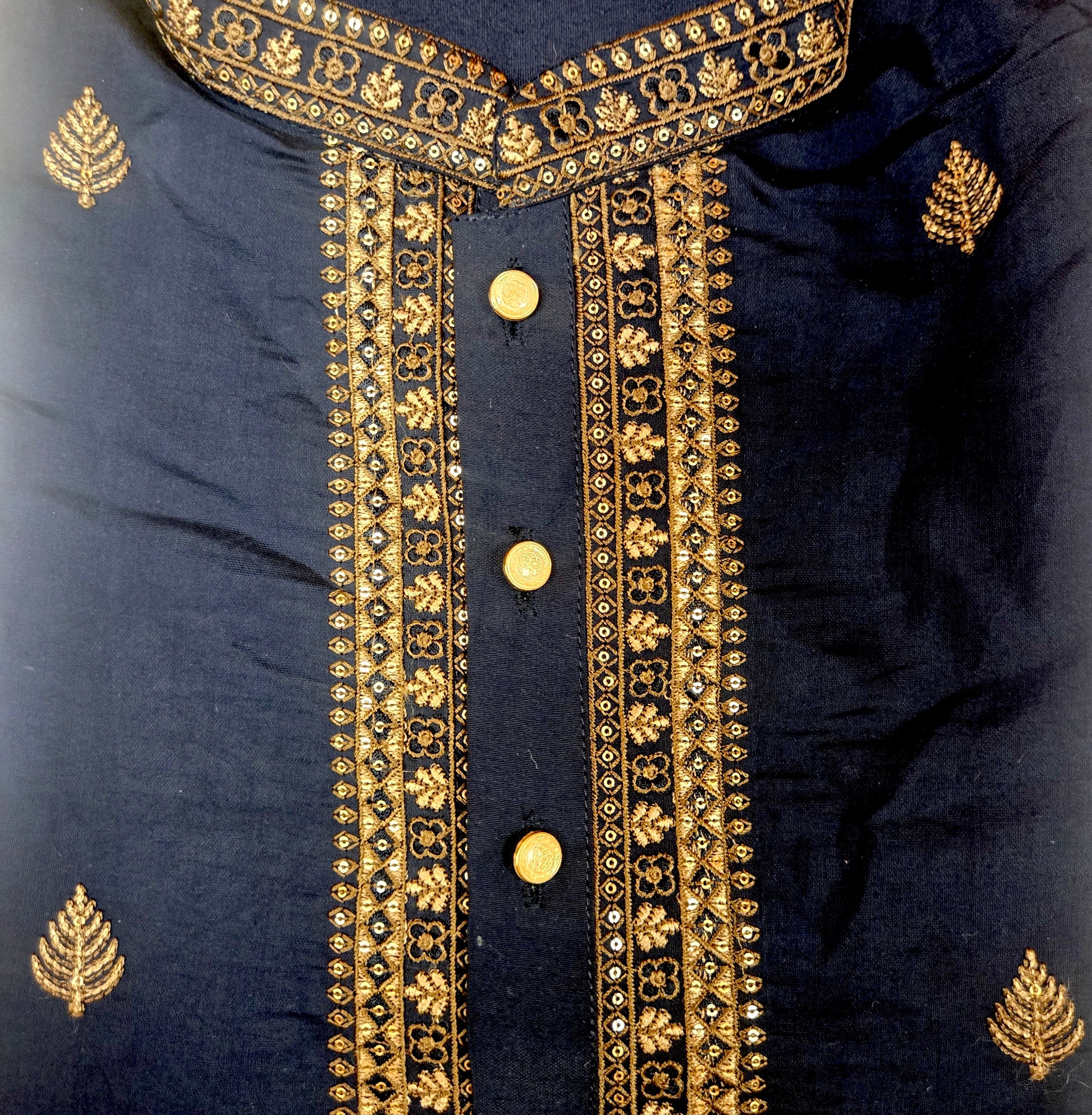 Navy & Gold Embroidered Kurta - Vintage India NYC