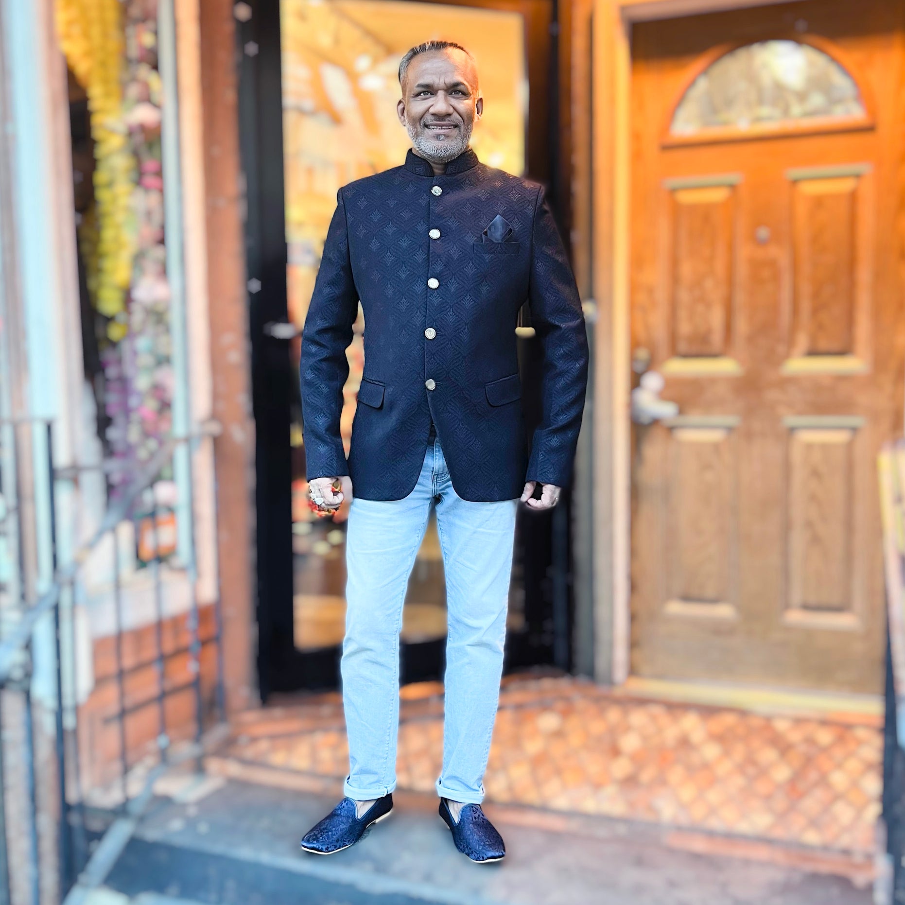 Navy Fern Jacquard Jodhpuri Jacket