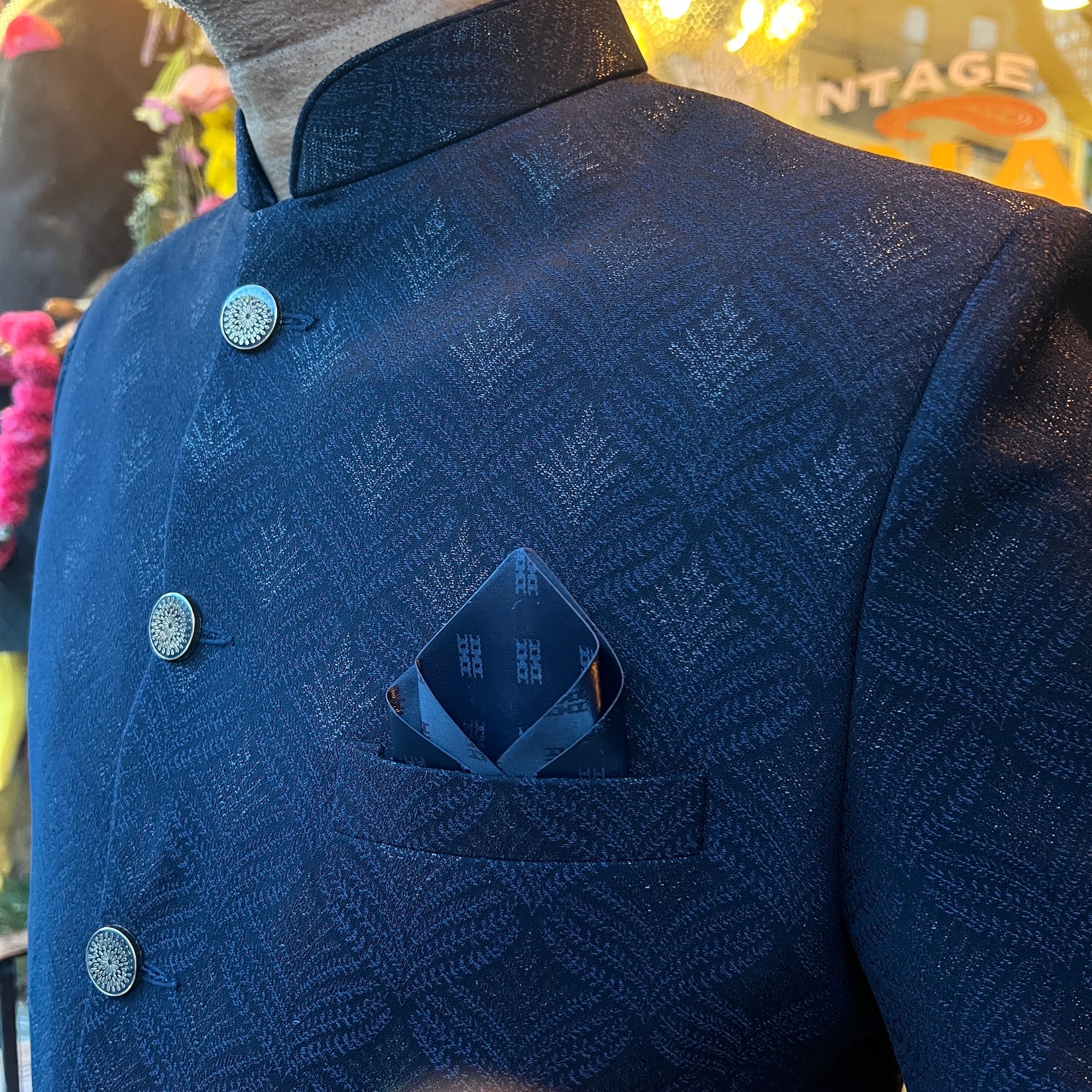 Navy Fern Jacquard Jodhpuri Jacket