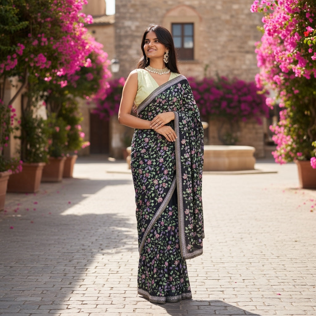 Navy Floral Georgette Saree 1003