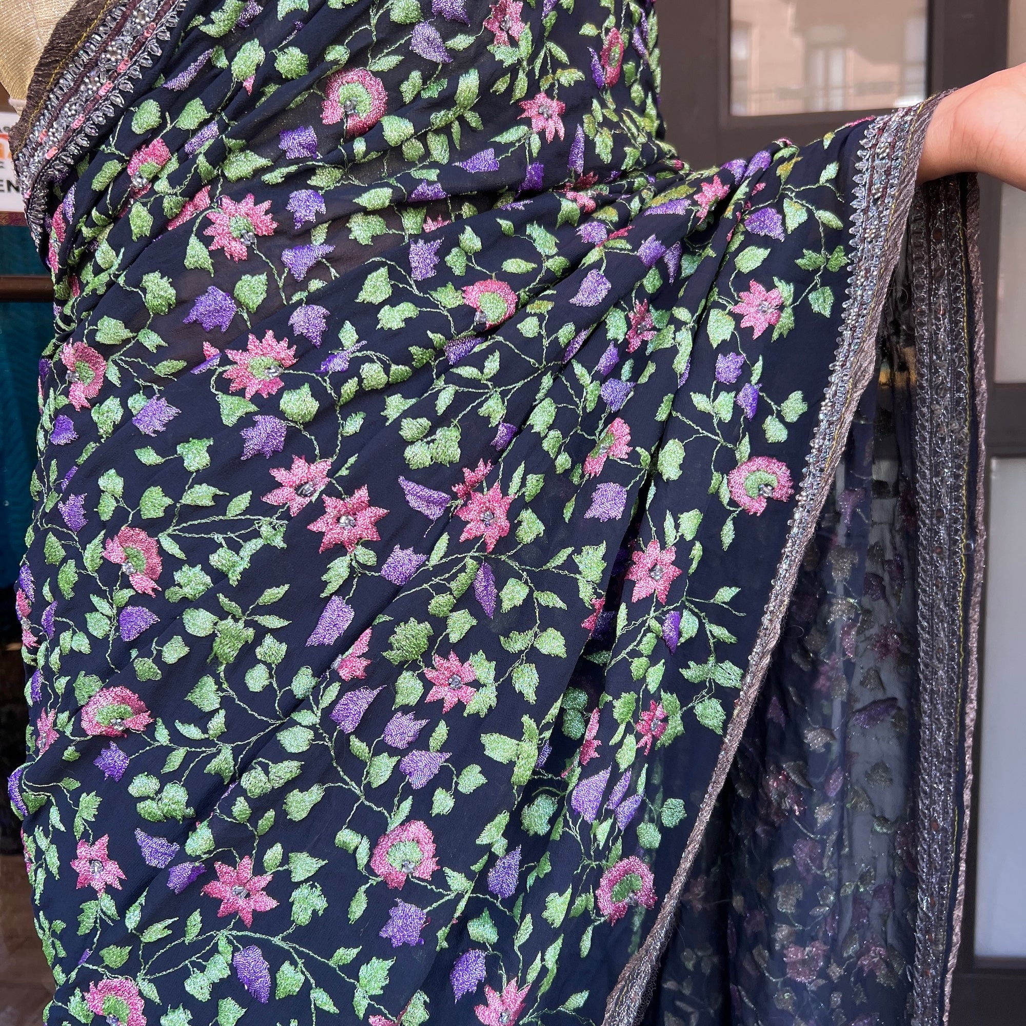 Navy Floral Georgette Saree 1003