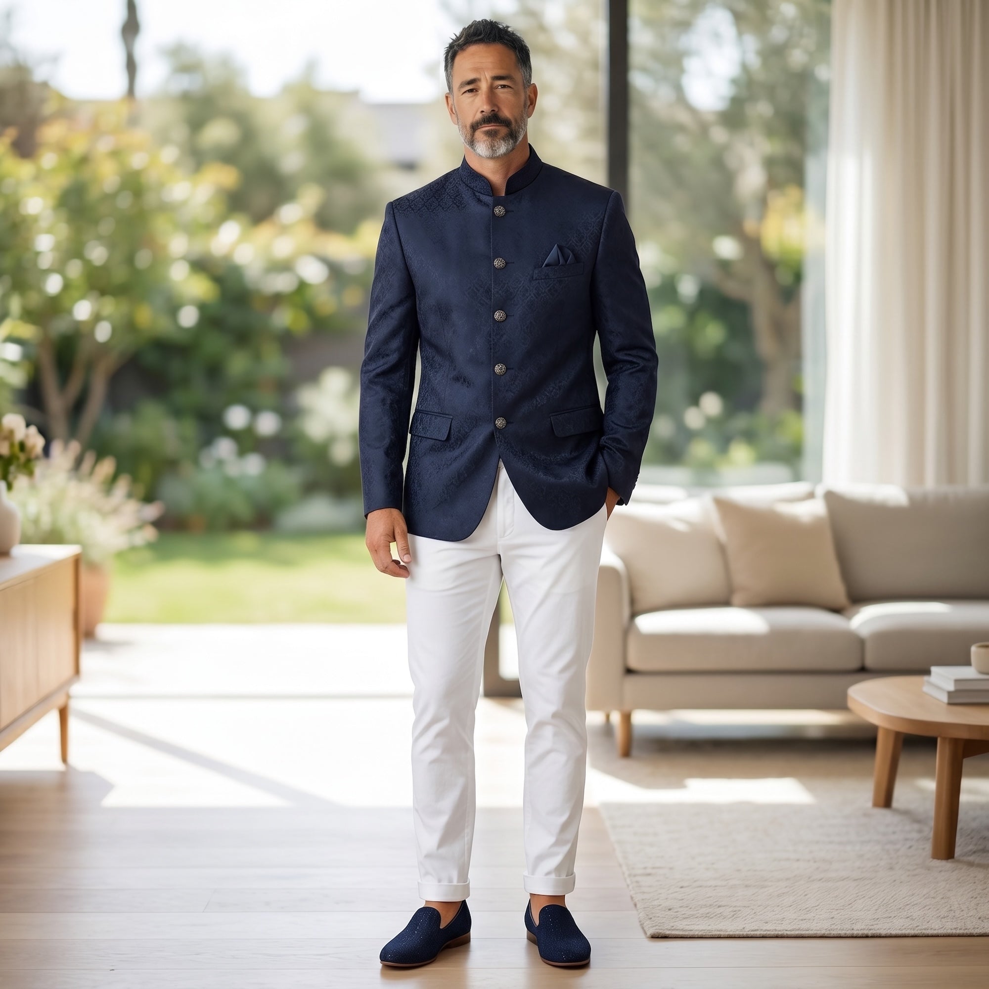 Navy Flower Motif Jodhpuri Jacket