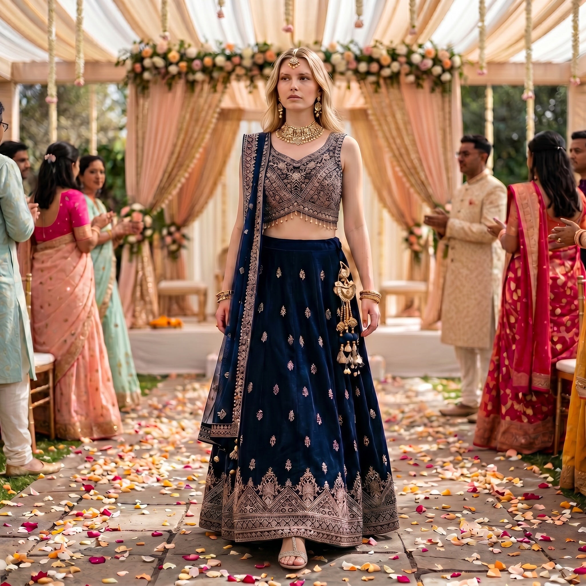 Navy Georgette Butti Lehenga Set - Vintage India NYC