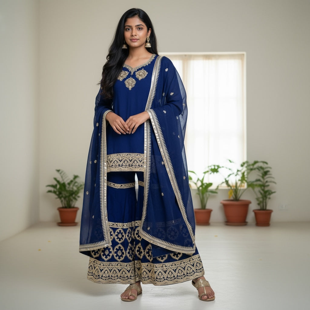 Navy Blue Silk Georgette Gharara Set-Size 36