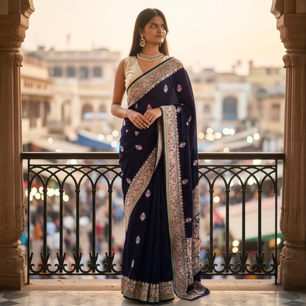 Navy Georgette Banarasi Saree 1002