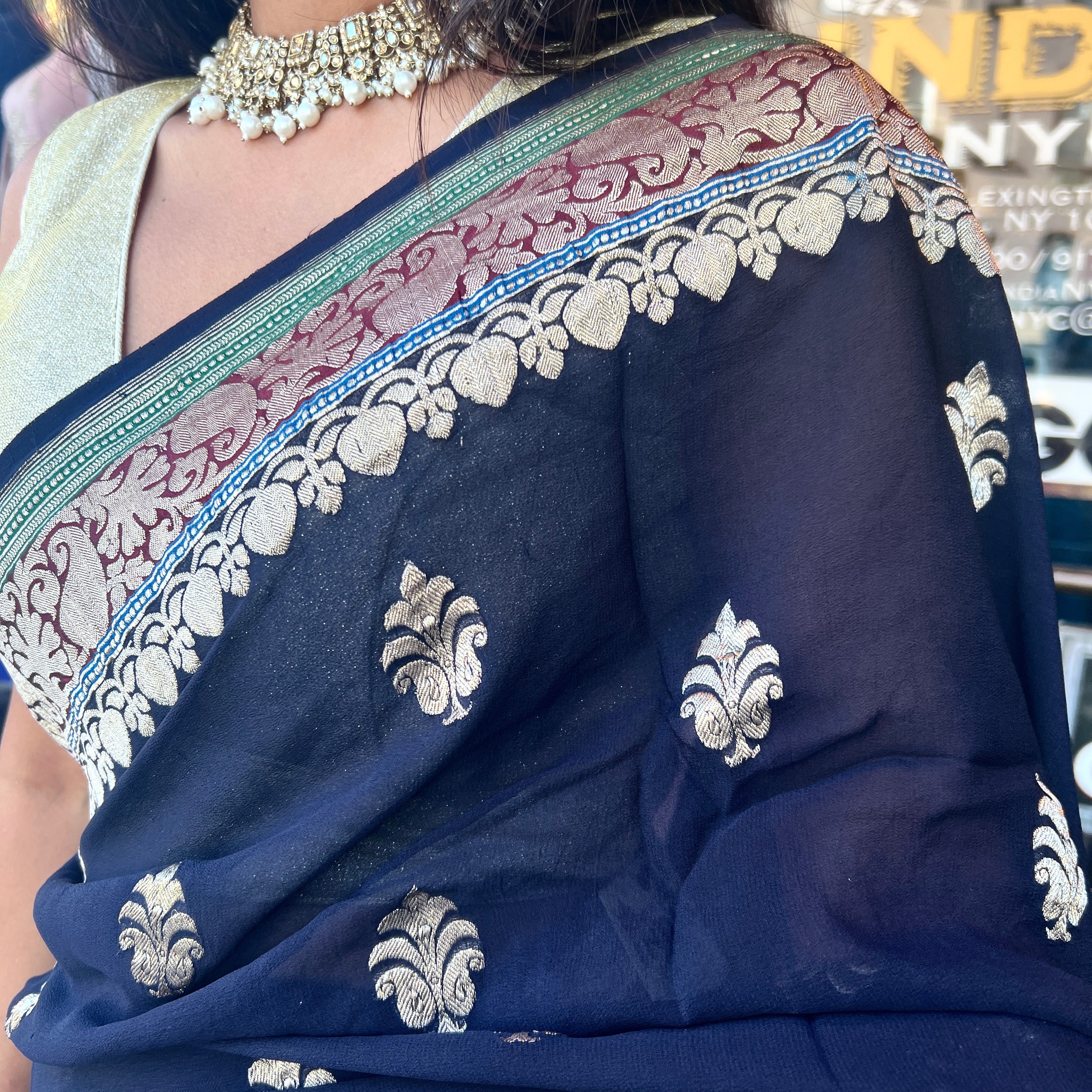 Navy Georgette Banarasi Saree 1002