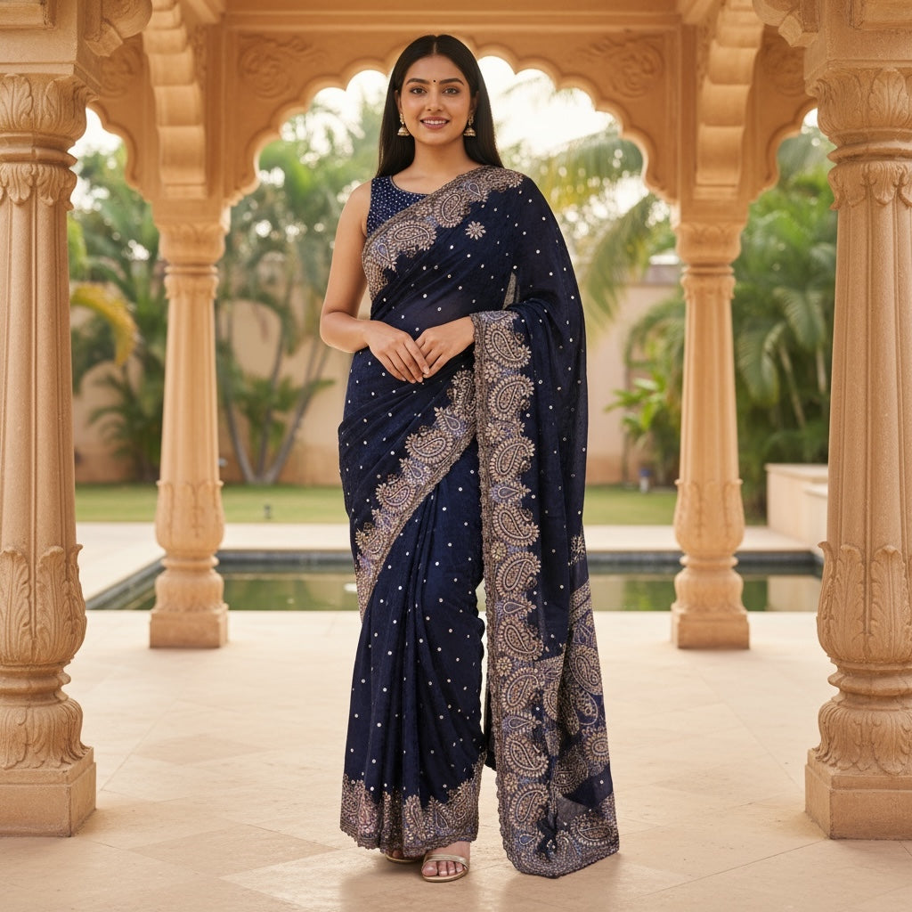 Navy Heavy Work Crepe Silk Saree - Vintage India NYC