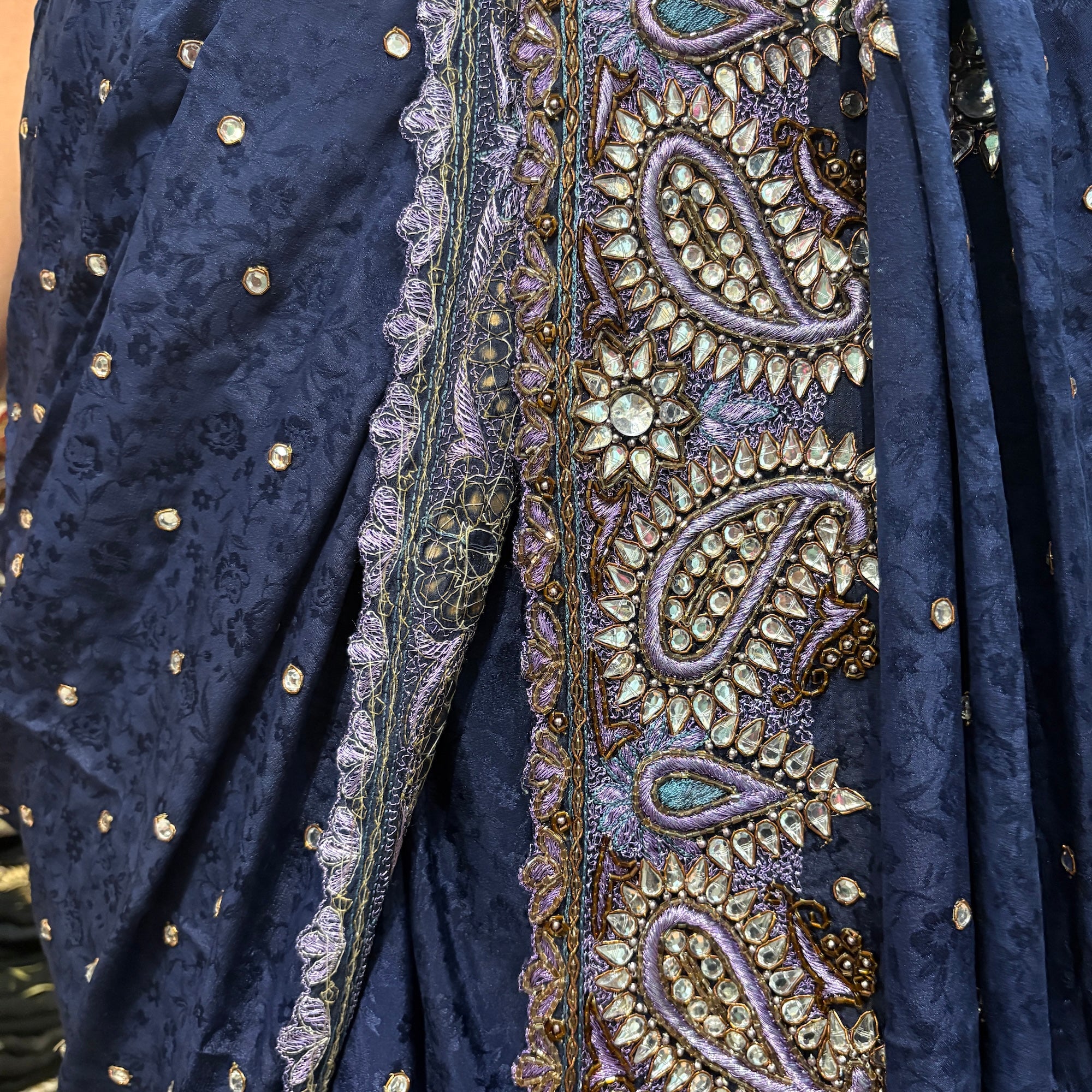 Navy Heavy Work Crepe Silk Saree - Vintage India NYC