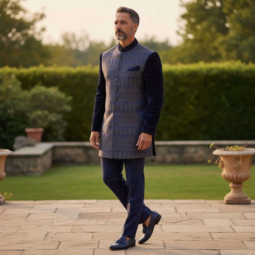 Navy Brocade and Velvet Indowestern Sherwani-Size 42