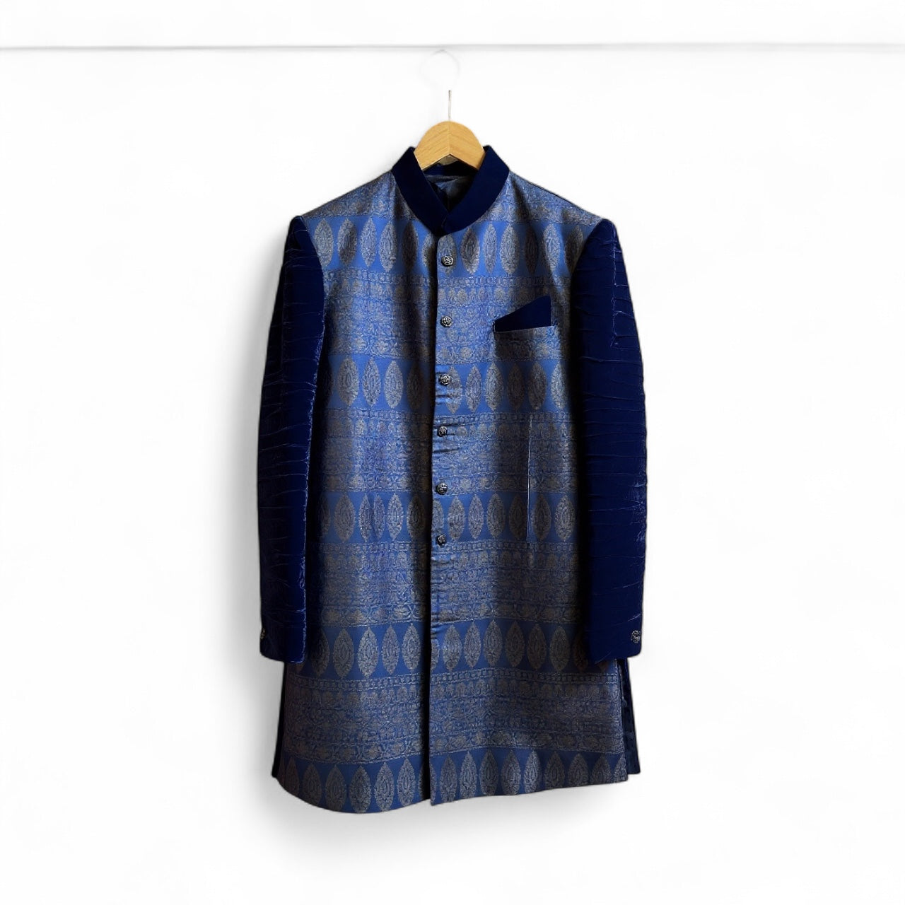 Navy Brocade and Velvet Indowestern Sherwani-Size 42