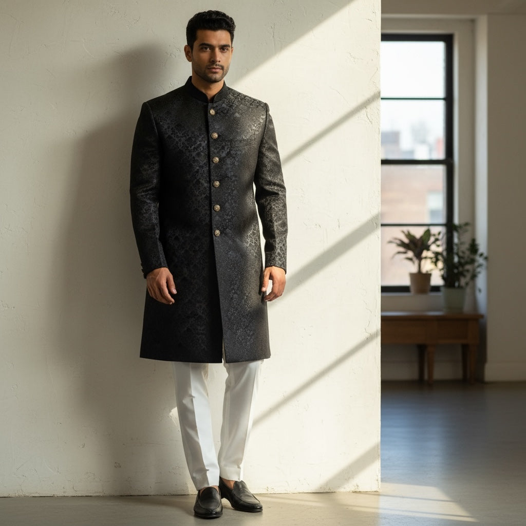 Navy Jacquard Sherwani