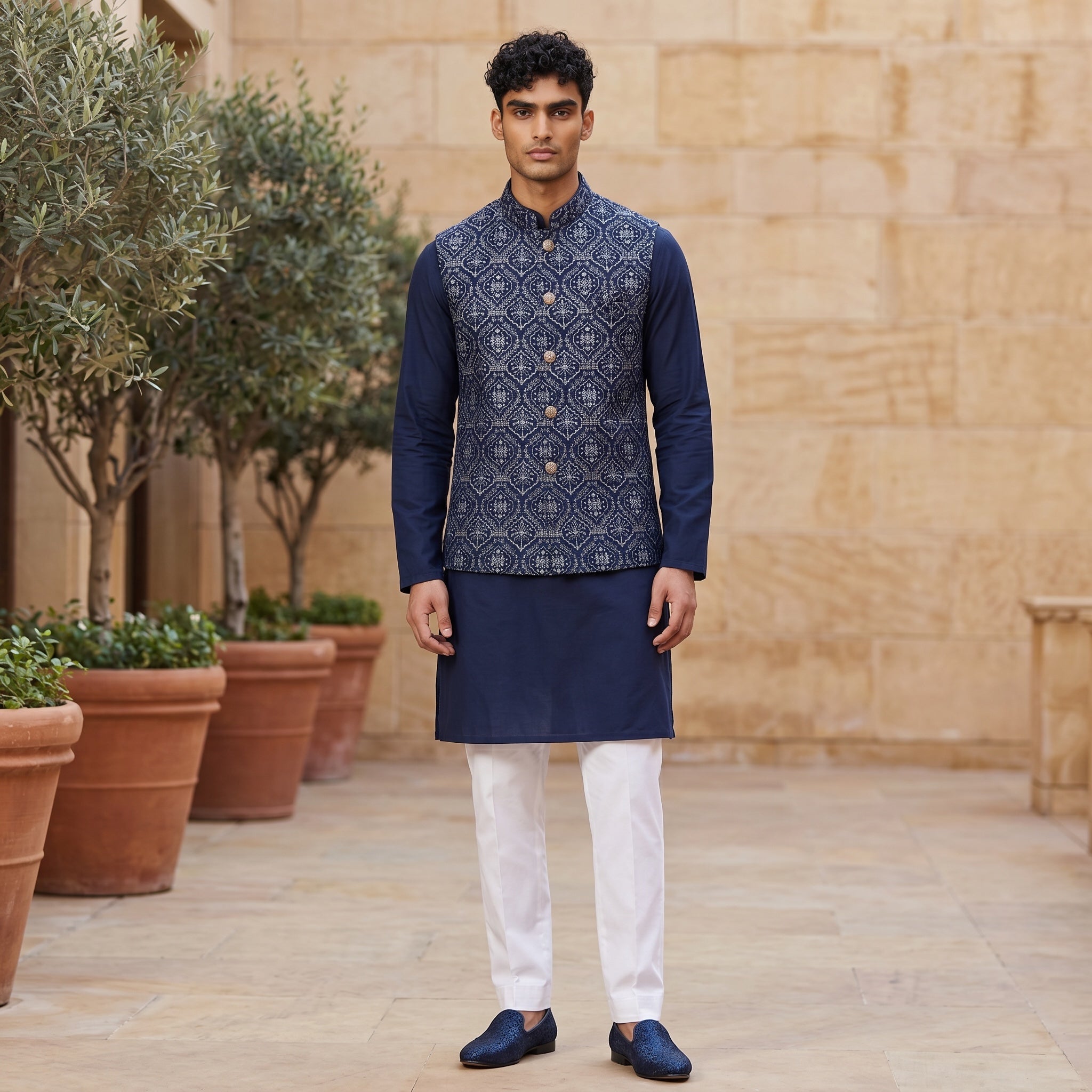 Navy Lucknowi Vest - Vintage India NYC