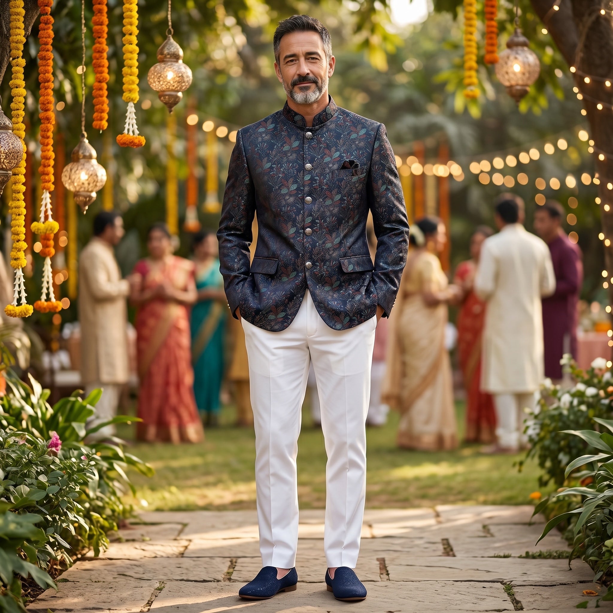 Multicolor Navy Botanical Jodhpuri Jacket
