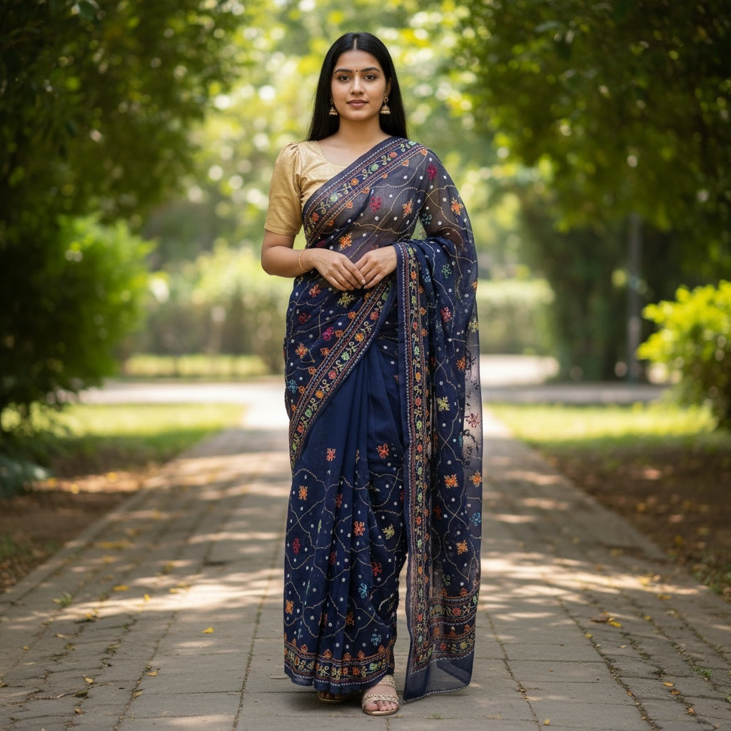 Navy Organiza Embroidered Saree - Vintage India NYC