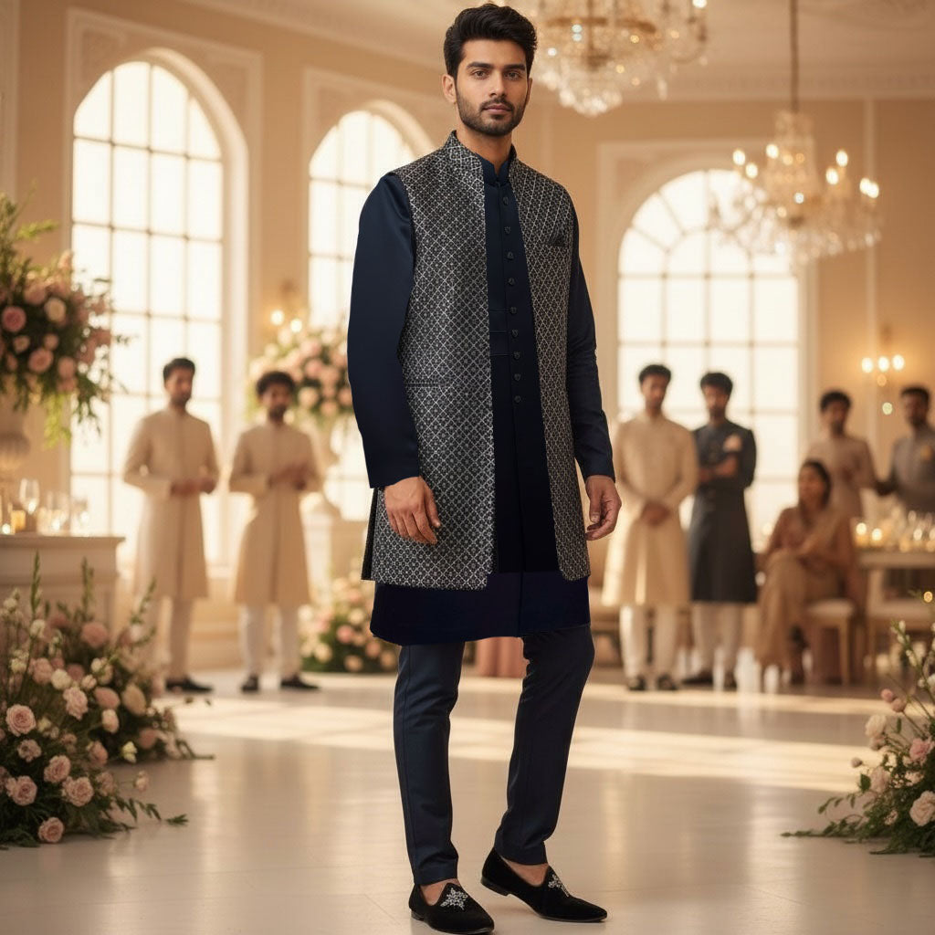 Midnight Navy Sherwani w/ Vest
