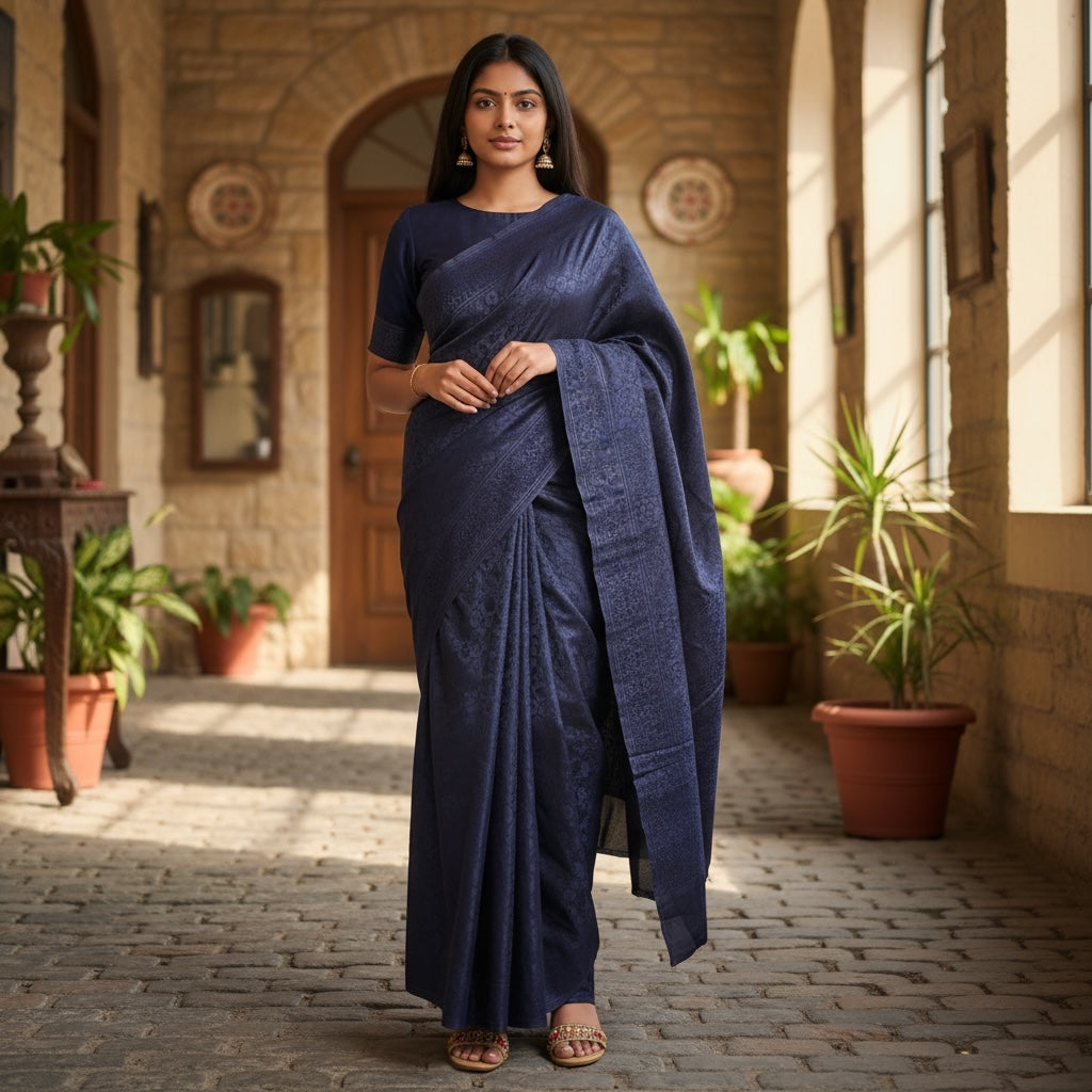 Navy Silk Banarasi Saree - Vintage India NYC