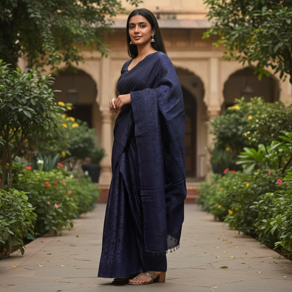 Navy Silk Banarasi Saree - Vintage India NYC