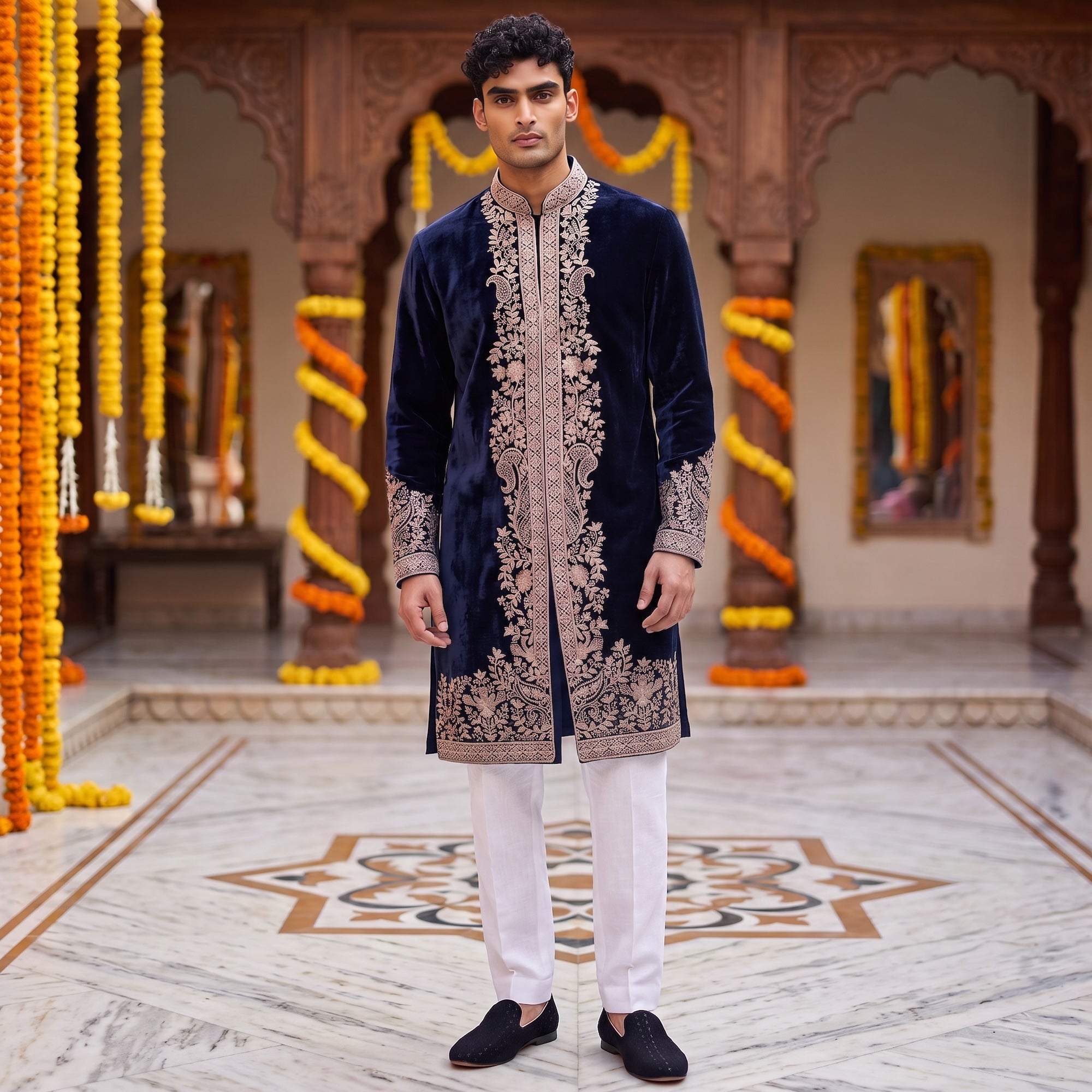 Navy Soft Silk Full Embroidered Kurta