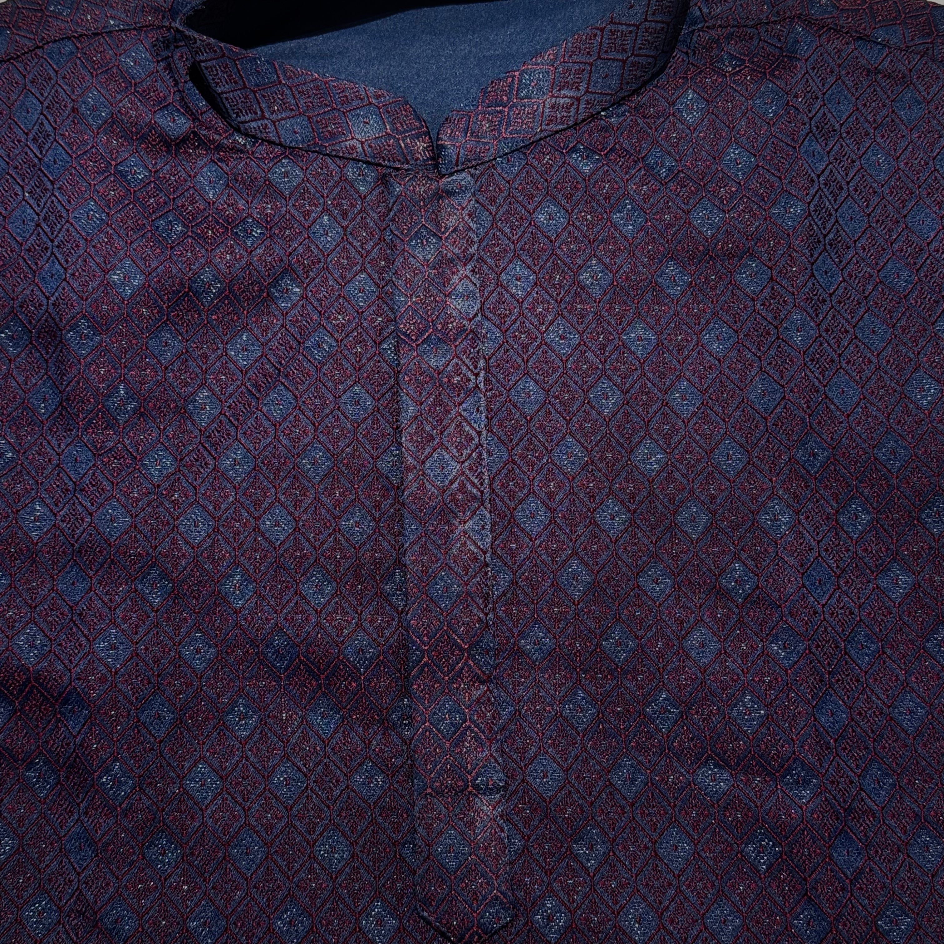 Navy & Wine Ogee Jacquard Kurta - Vintage India NYC