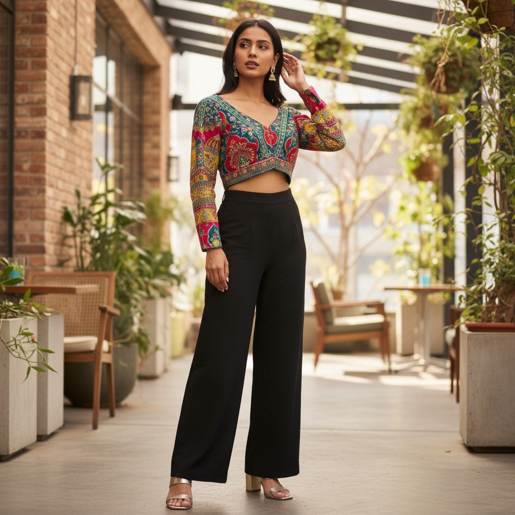 Long Sleeve V Neck Patchwork Choli Blouse-Colors