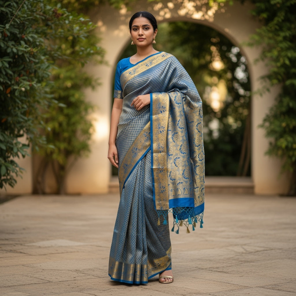 Ocean Kanjivaram Silk Saree - Vintage India NYC