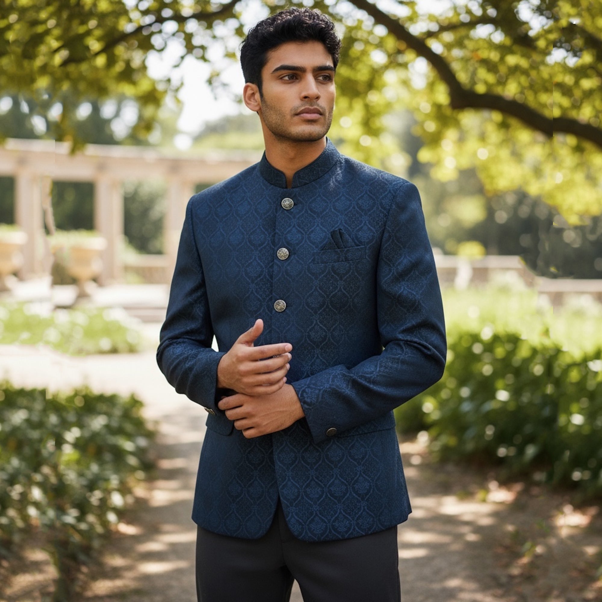 Ocean Ogee Jacquard Jodhpuri Jacket