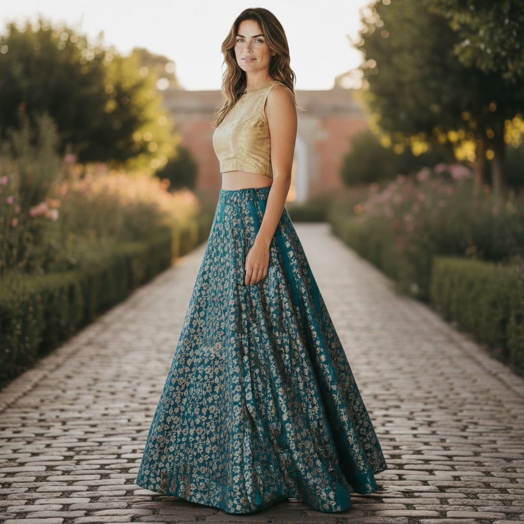 Sunflower Brocade Round Flower Lehengas - X Long-Colors - Vintage India NYC