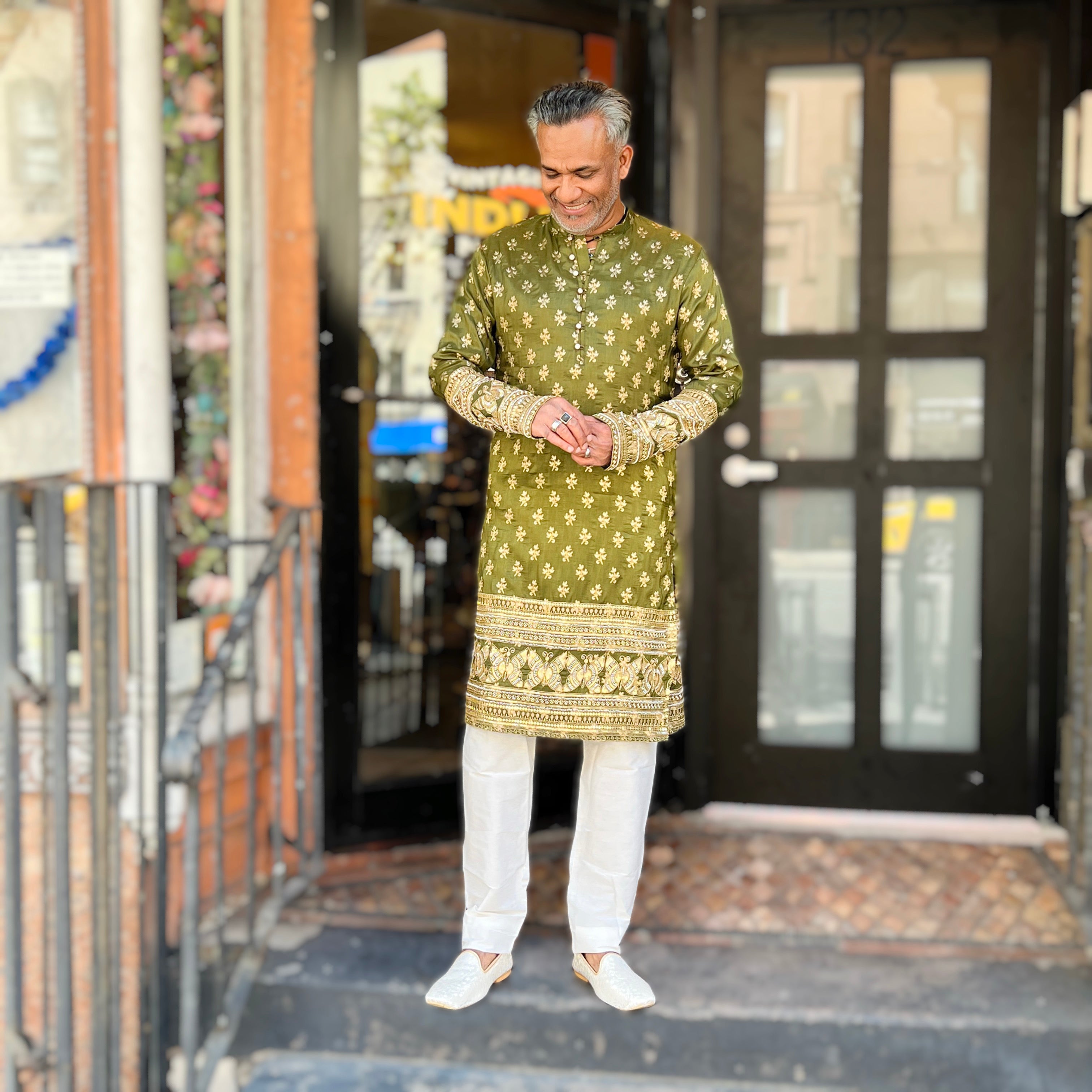 Olive Heavy Hand Beaded Kurta