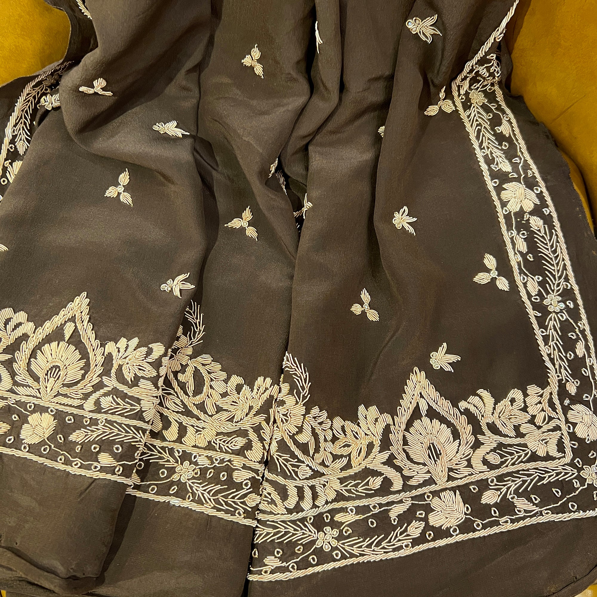 Olive Brown Hand Zardosi Dupatta