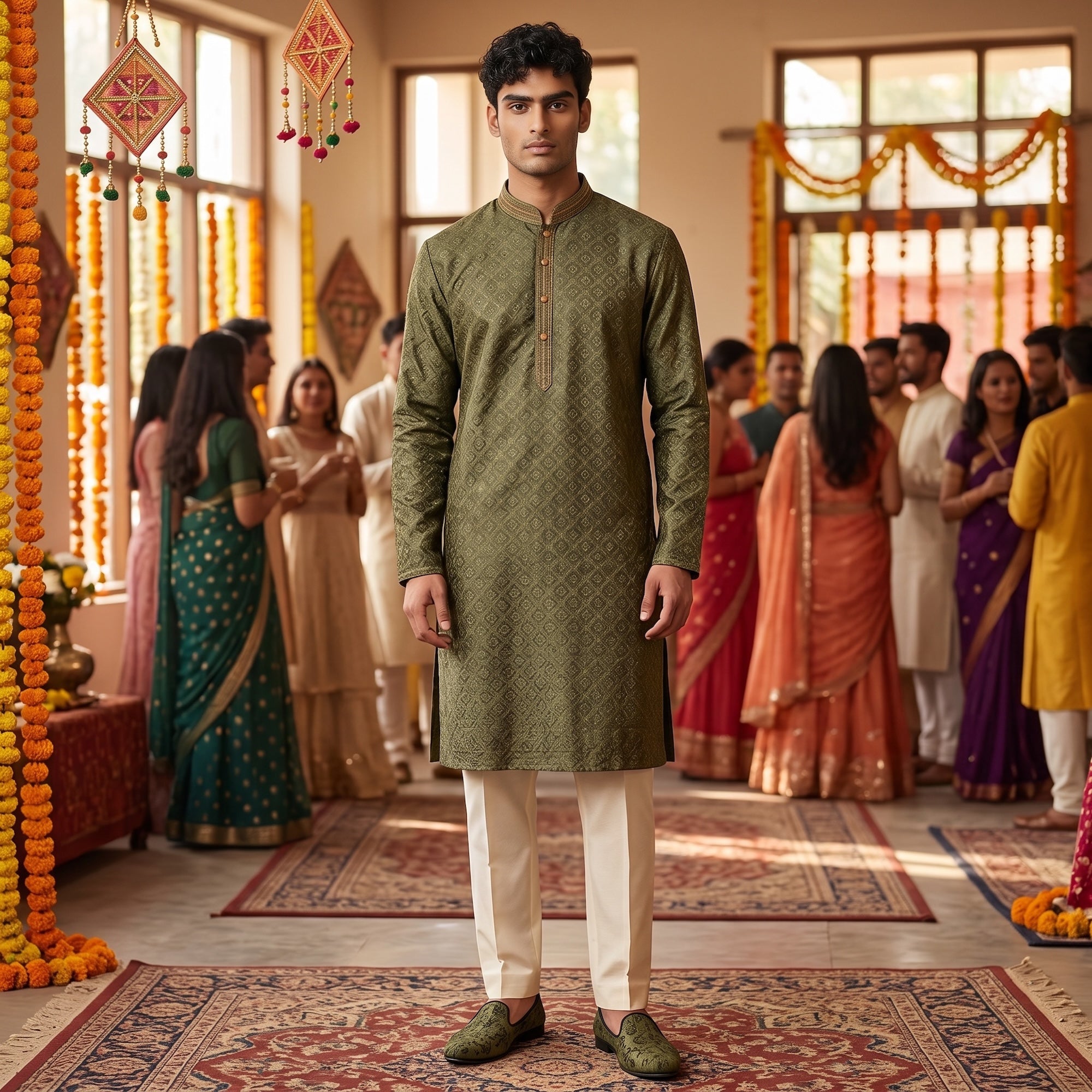 Olive Diamond Brocade Kurta - Vintage India NYC