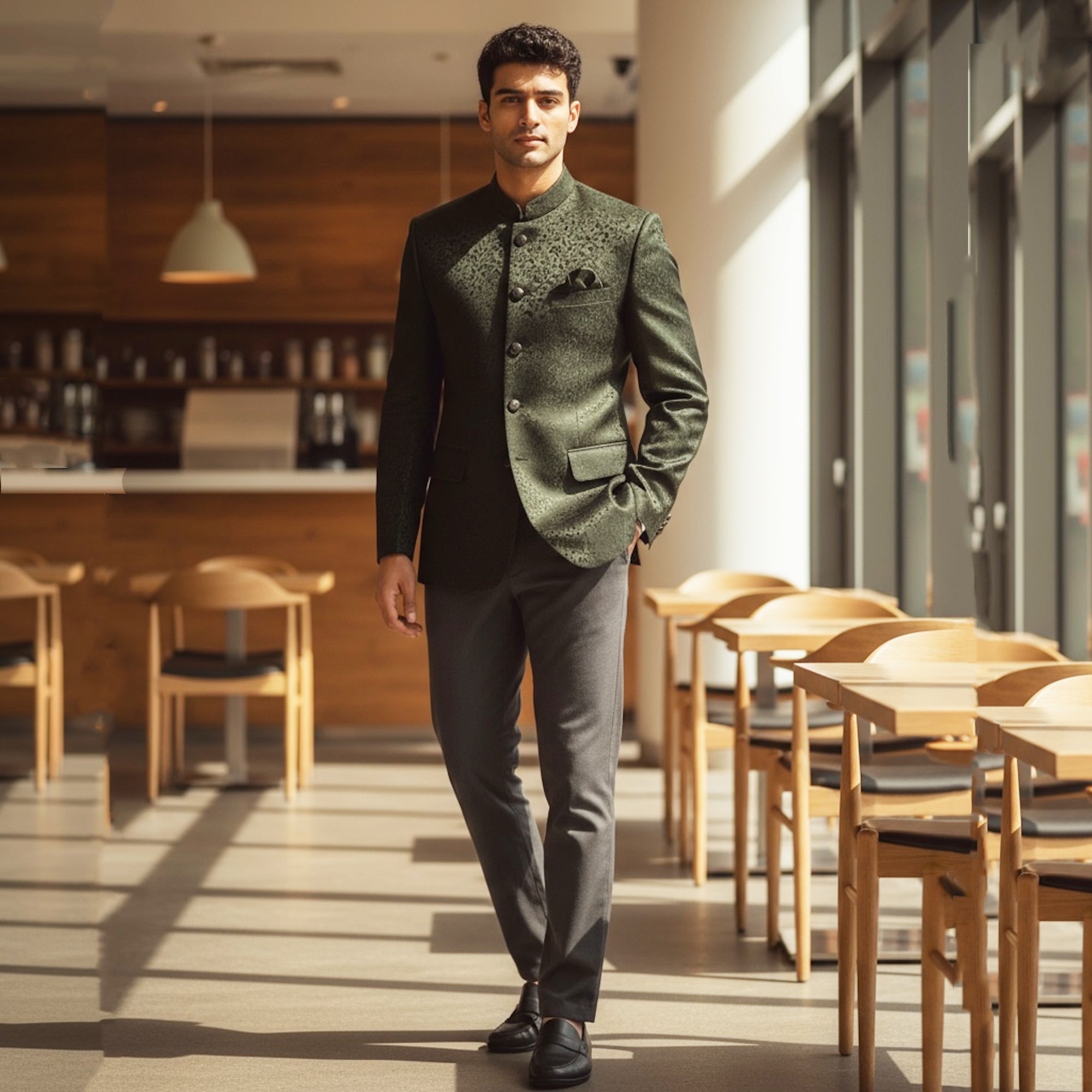 Olive Floral Jacquard Jodhpuri Jacket