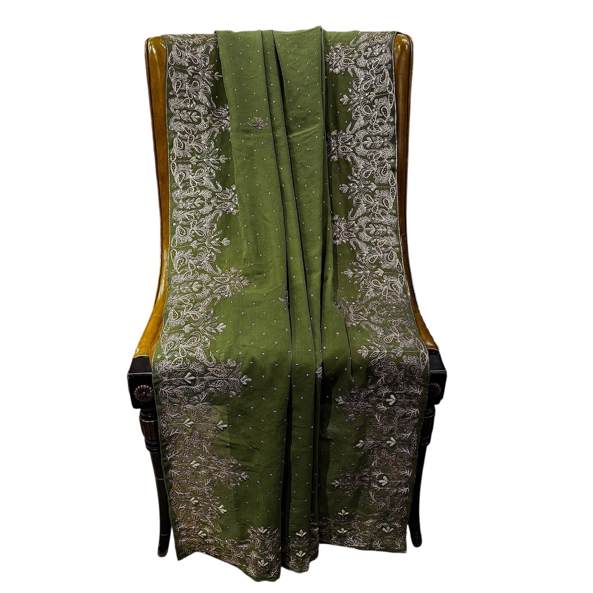 Olive w Gold Embroidered Dupatta - Vintage India NYC